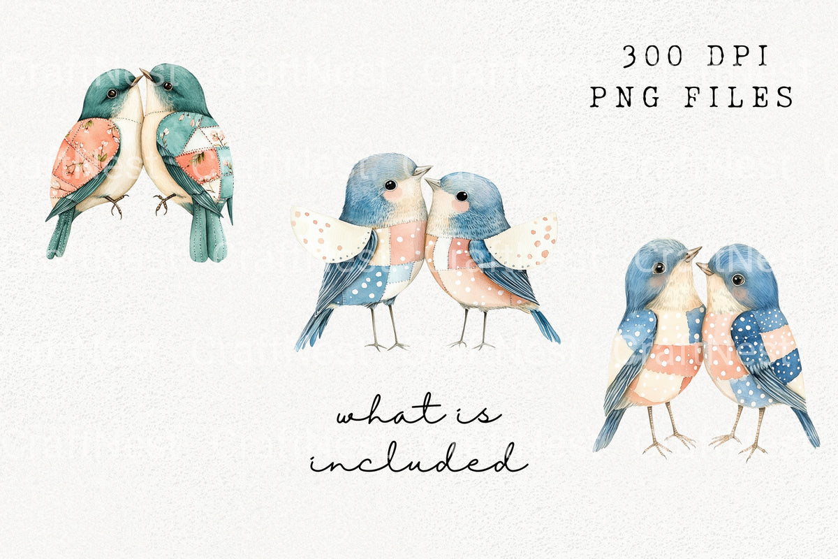 Patchwork Bird Couple Illustrations Clipart Bundle