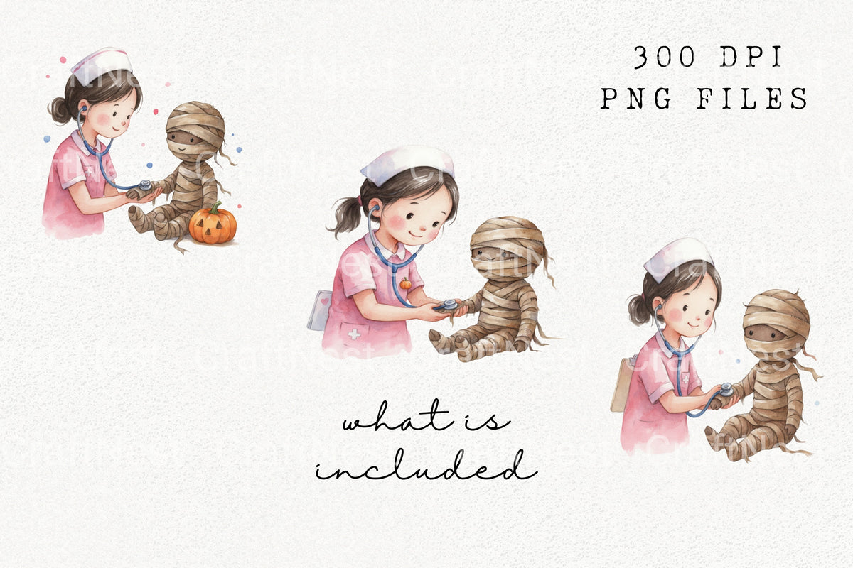 Nurse Checking Mummy Patient Halloween Clipart Bundle