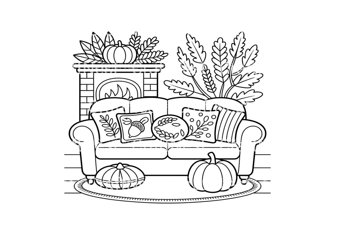 Cozy Autumn Sofa Scene Coloring Books