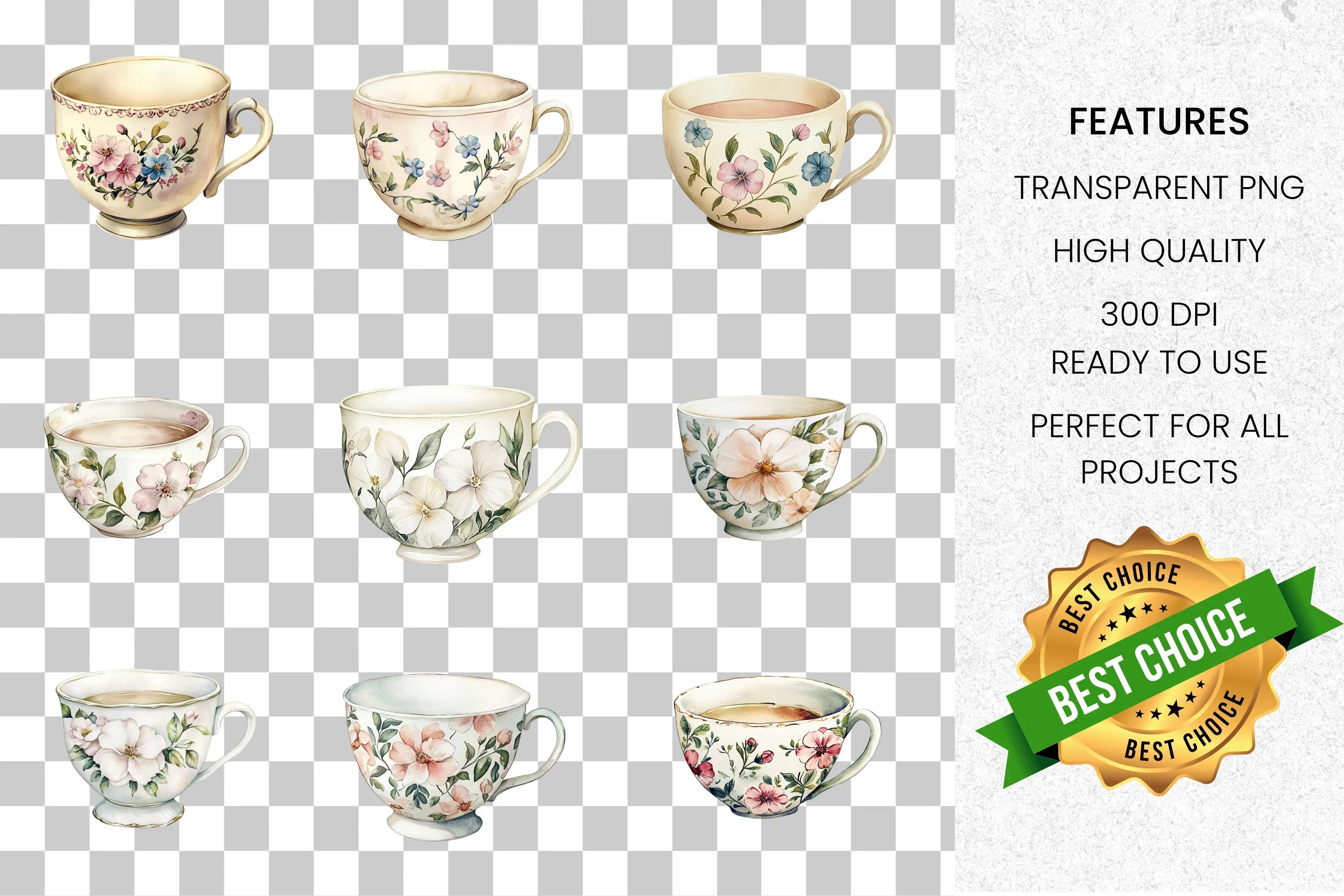 Floral Teacups Clipart Bundle