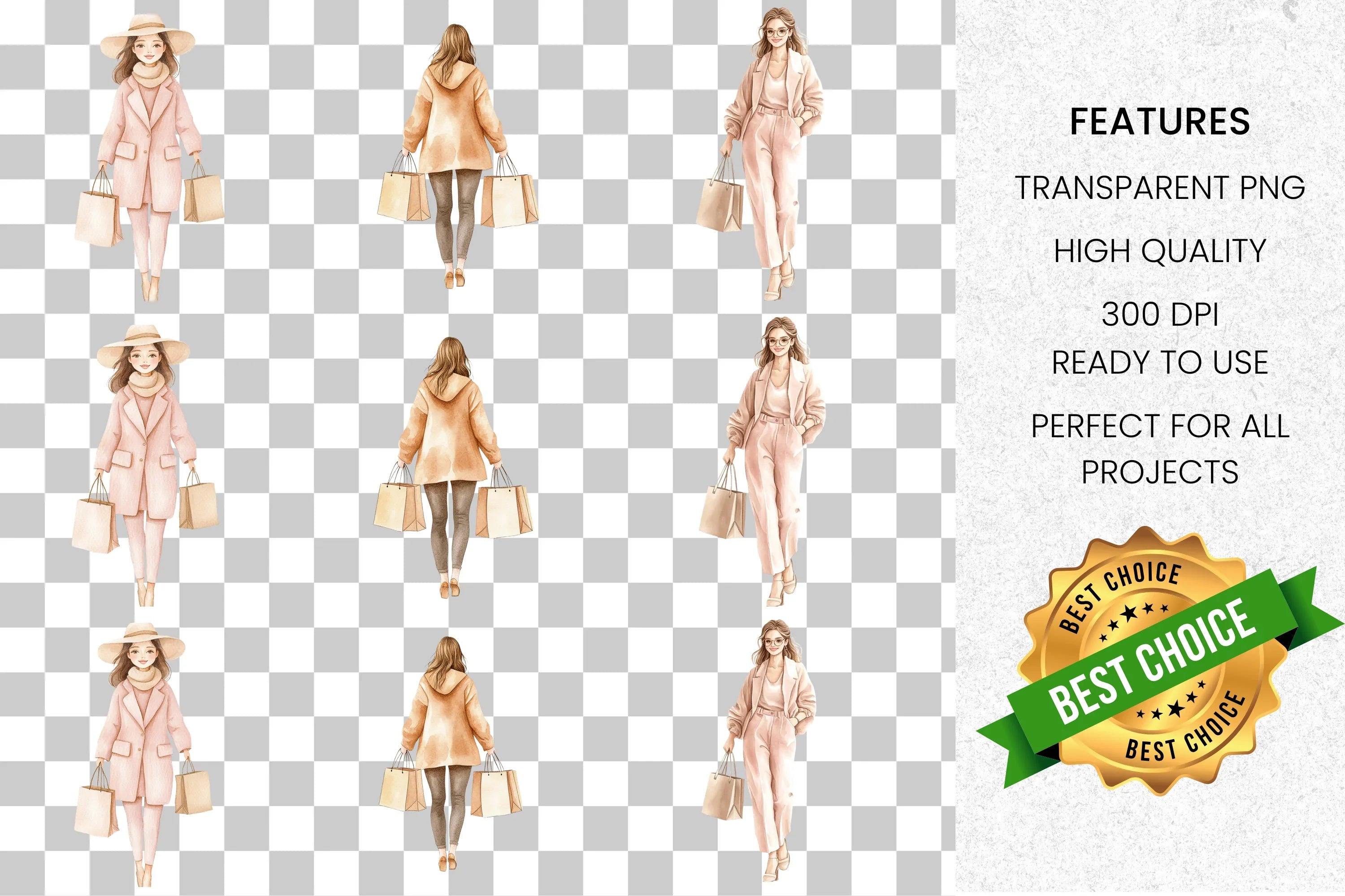 Stylish Women Shopping Fashion Clipart Bundle