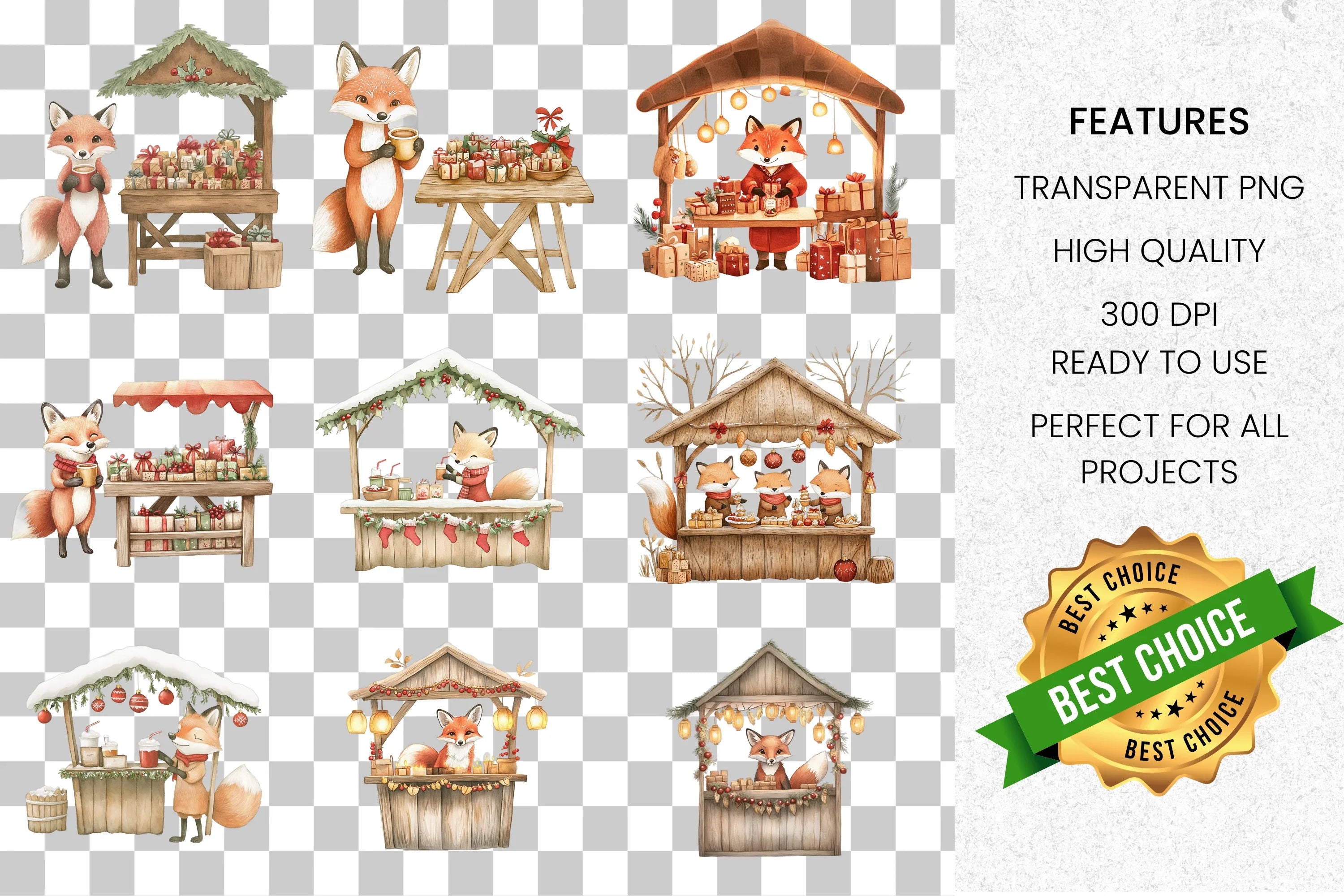 Cute Fox Christmas Market Clipart Bundle