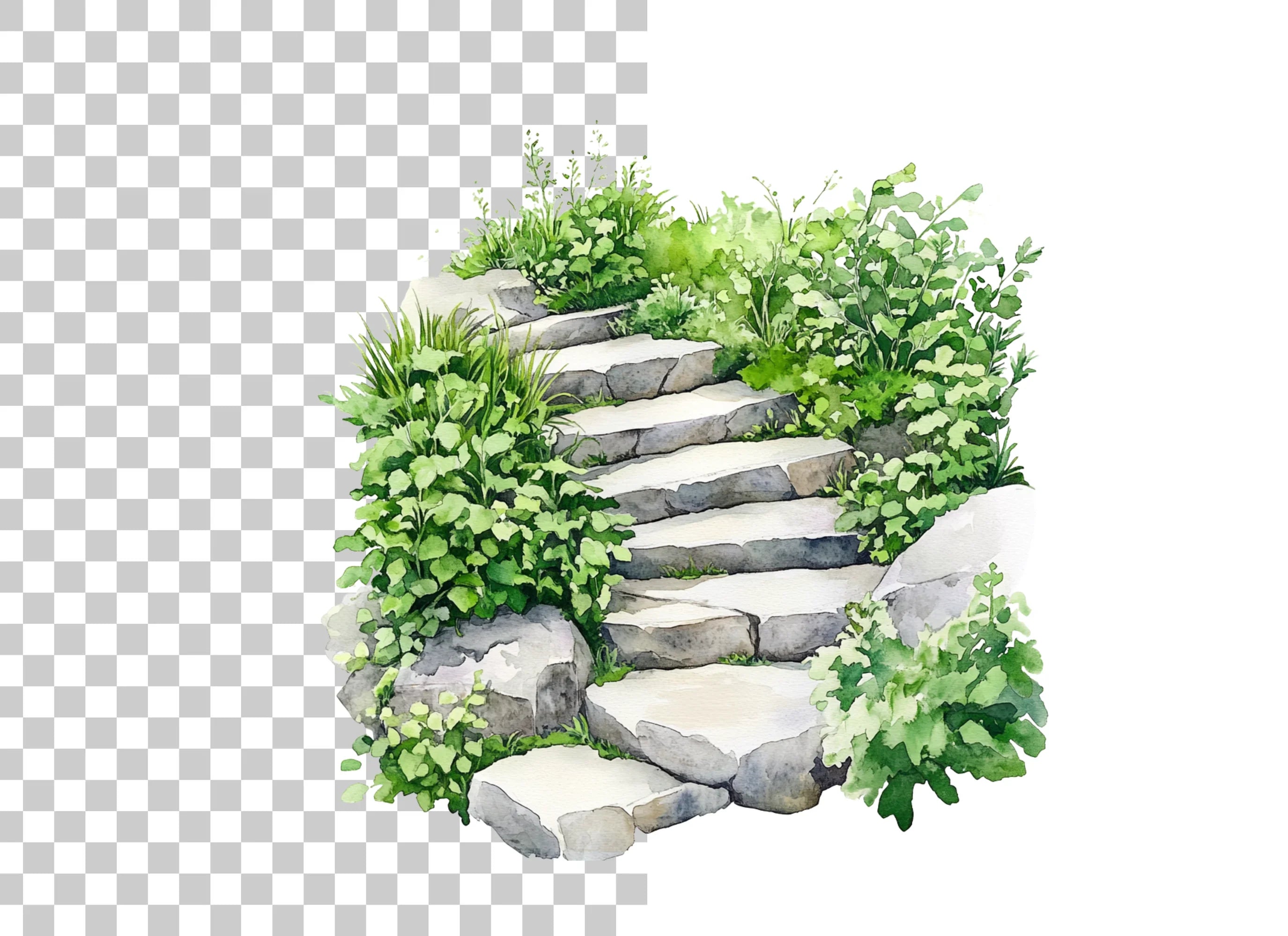 Stone Steps with Lush Greenery Clipart Bundle
