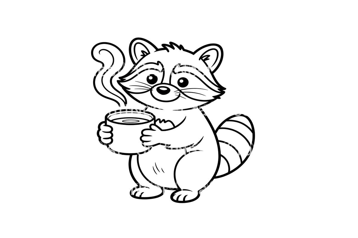 Cute Raccoon with Coffee Coloring Books