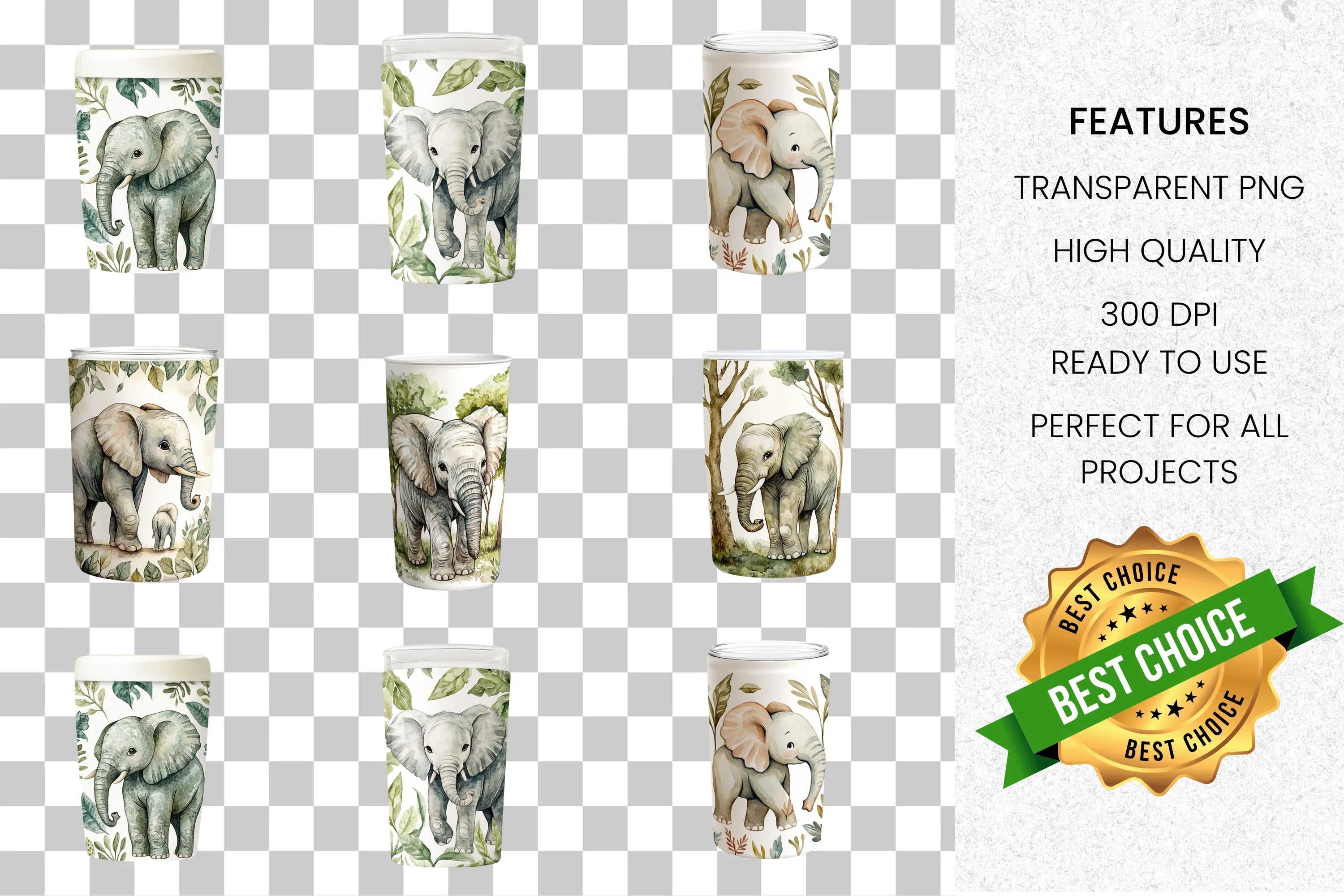 Cute Baby Elephant Tumbler Clipart Bundle