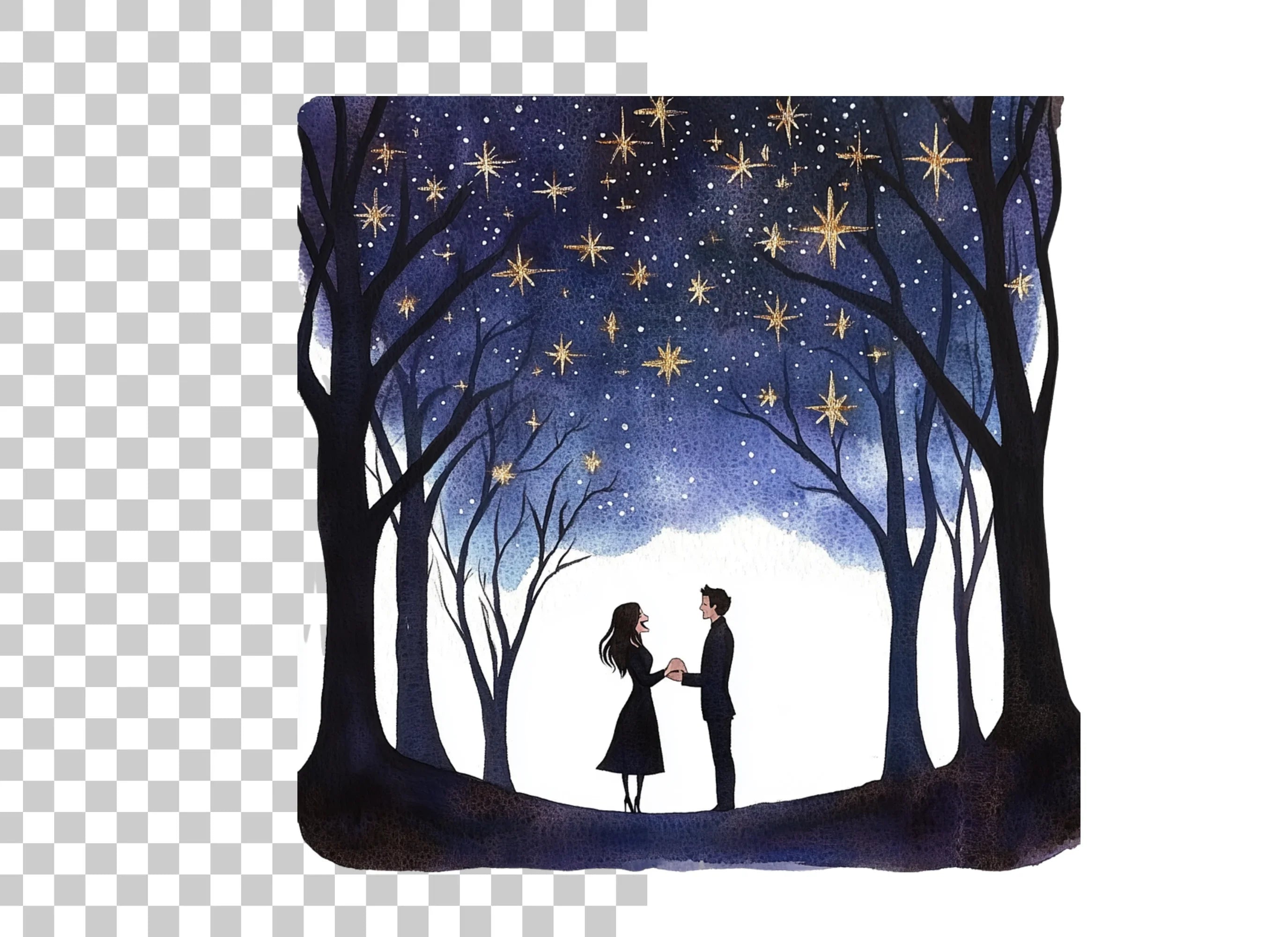 Romantic Couple Under Starry Trees Clipart Bundle