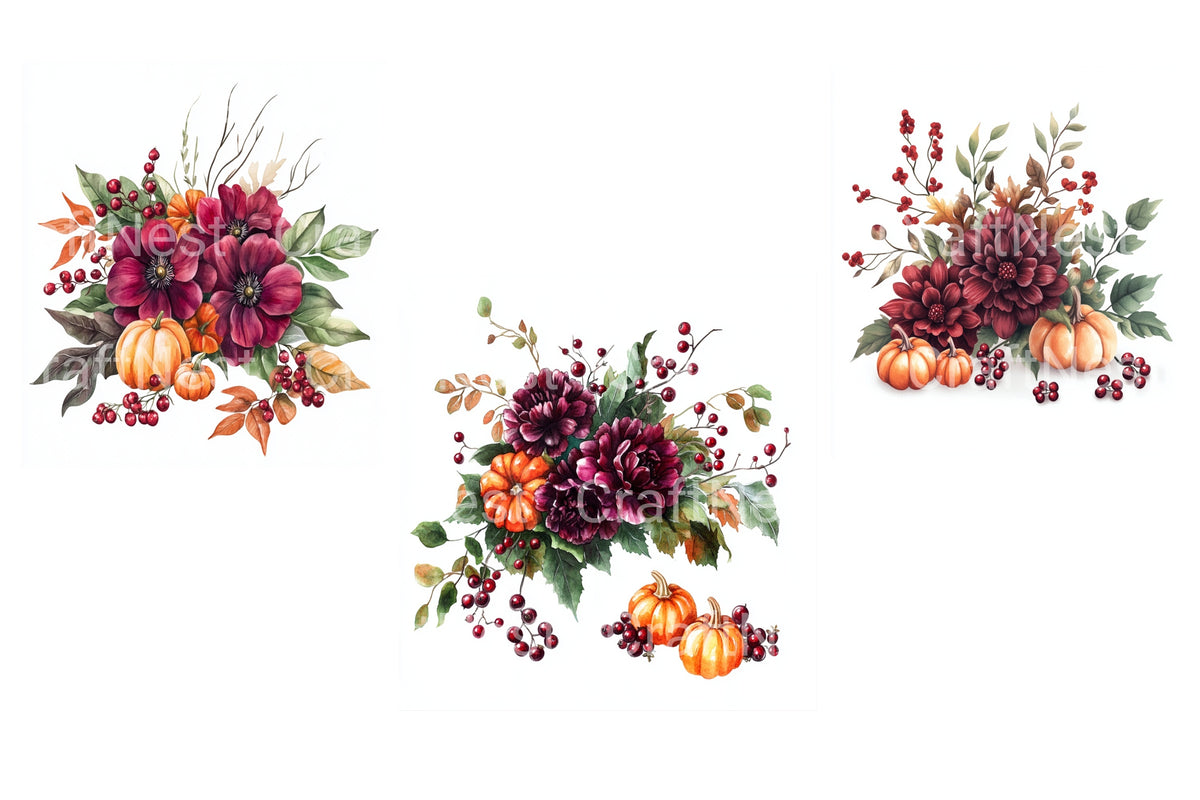 Autumn Floral Pumpkin Arrangement Clipart Bundle