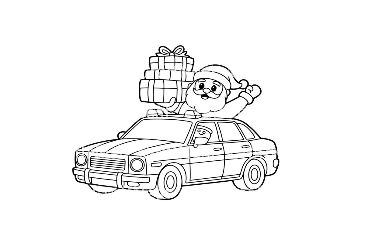 Santa and Elf Delivering Gifts by Car Coloring Books