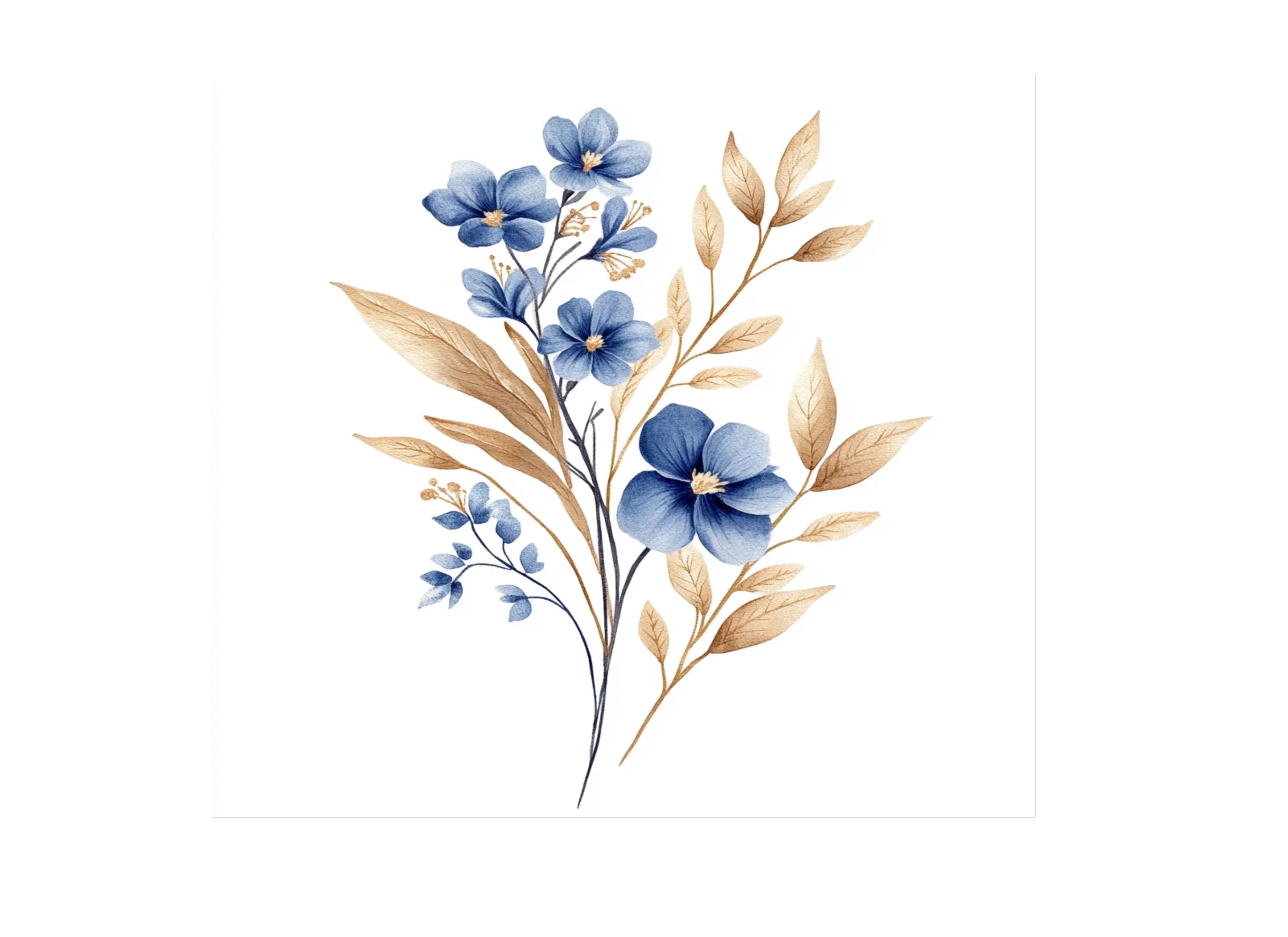Blue Gold Floral Clipart Bundle