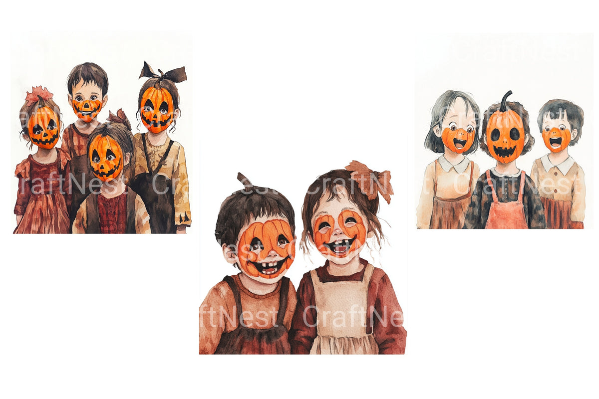 Kids With Pumpkin Face Paint Clipart Bundle