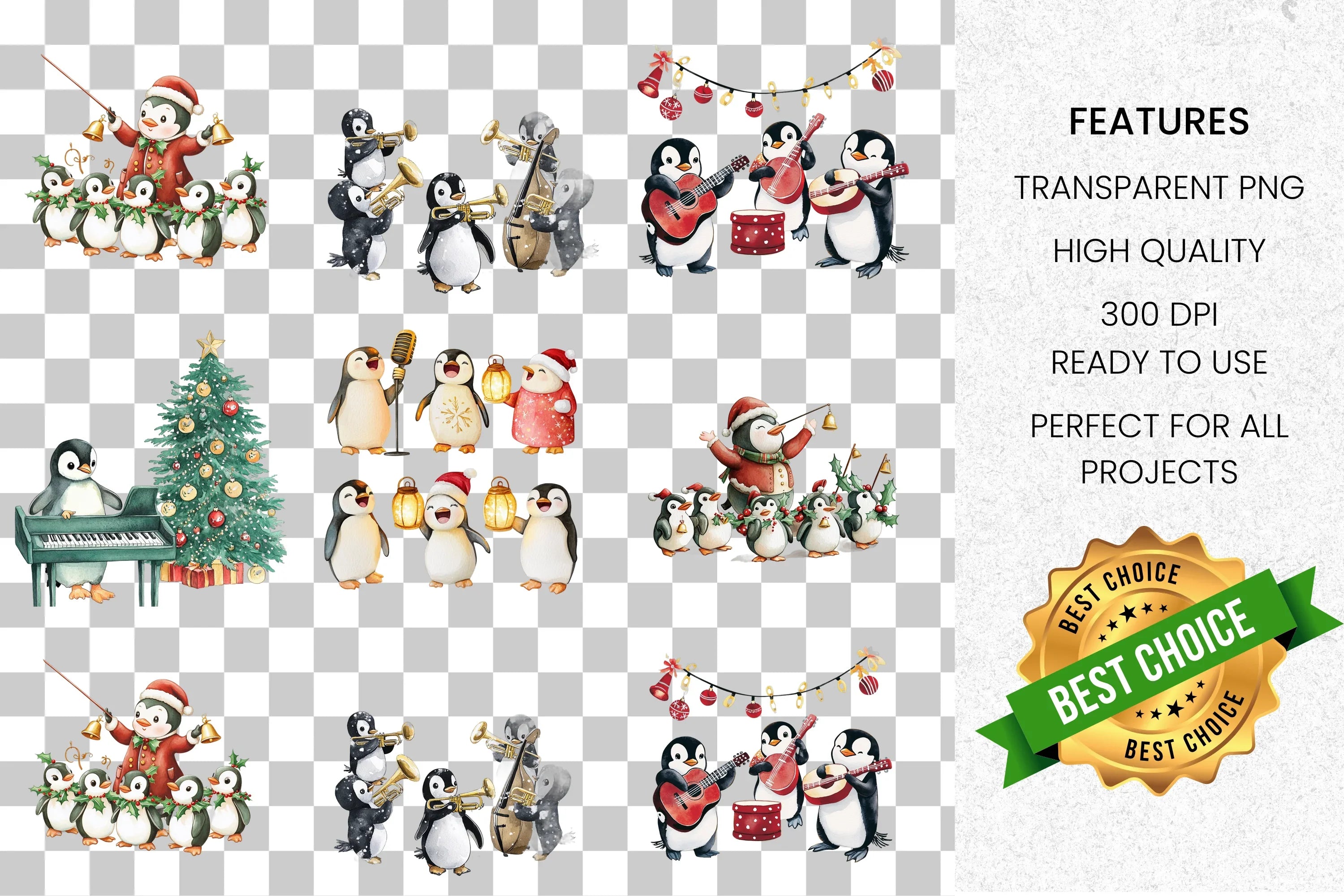 Musical Christmas Penguin Clipart Bundle