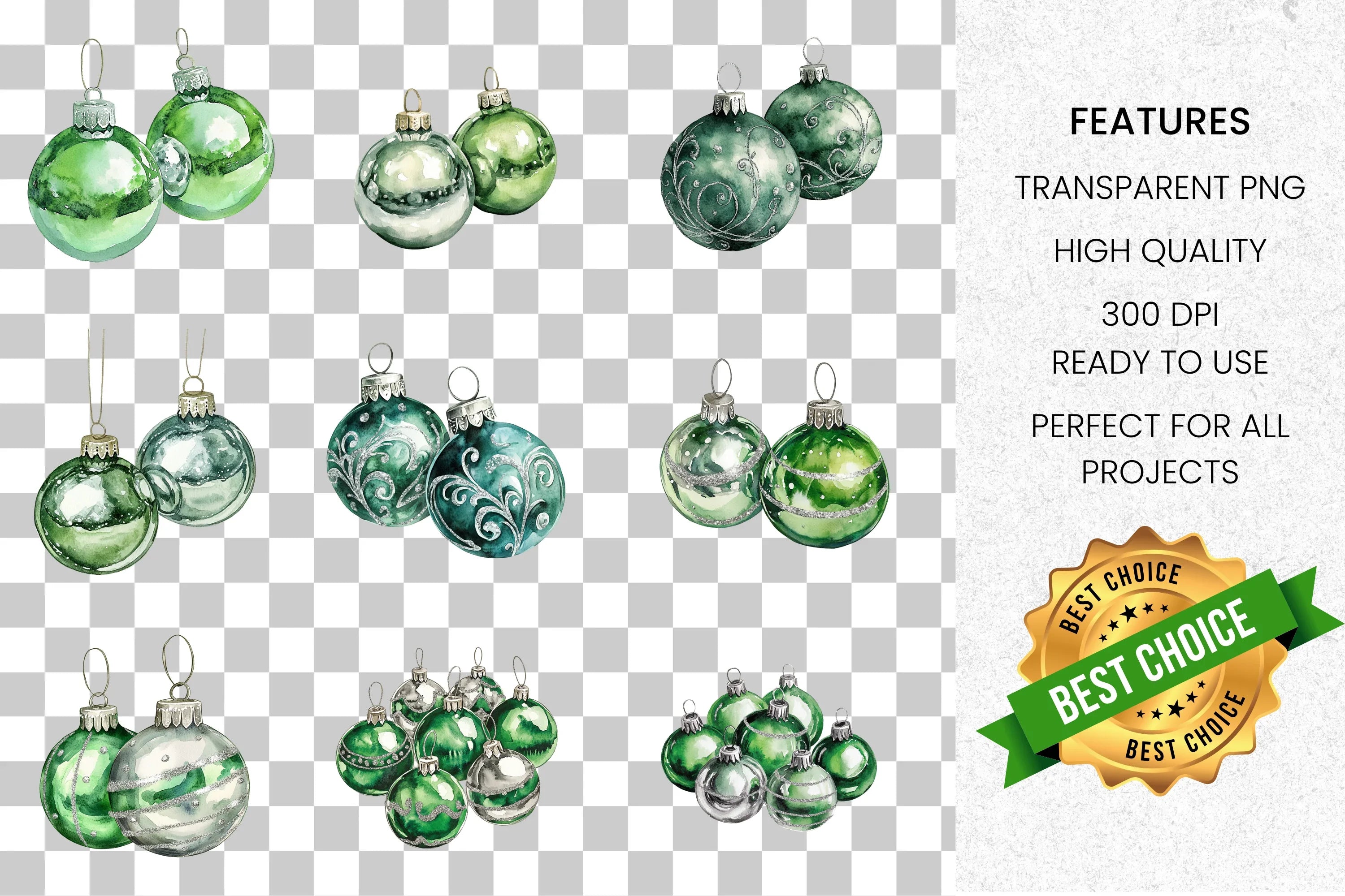 Green Christmas Ornaments Clipart Bundle