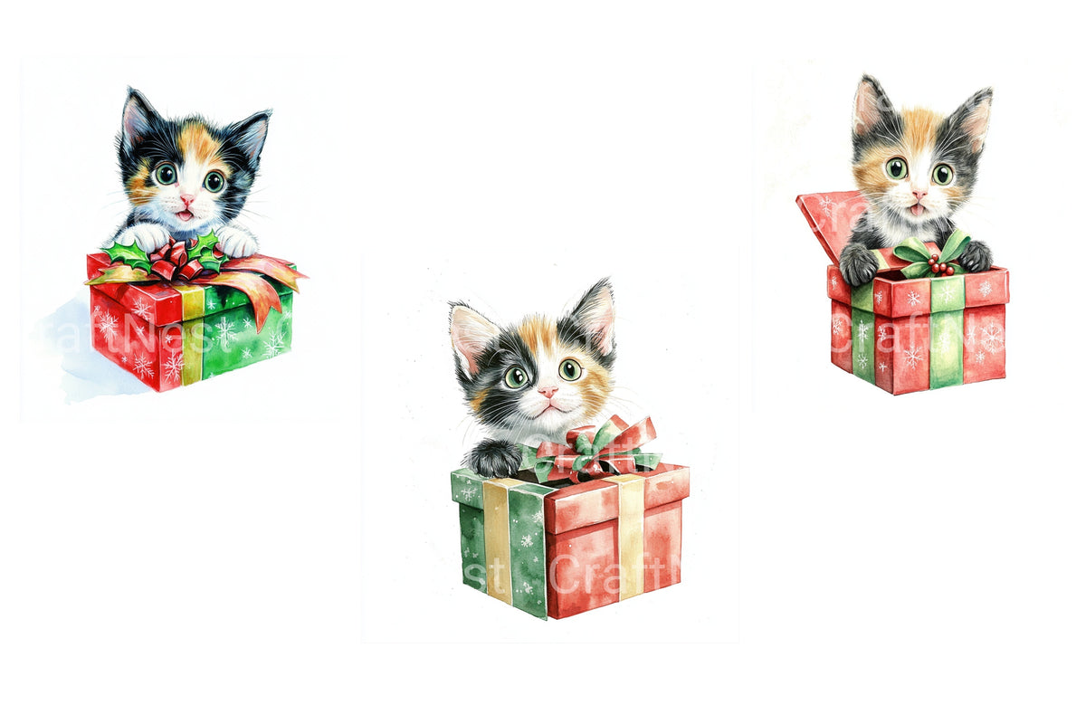 Cute Kitten Christmas Gift Box Clipart Bundle