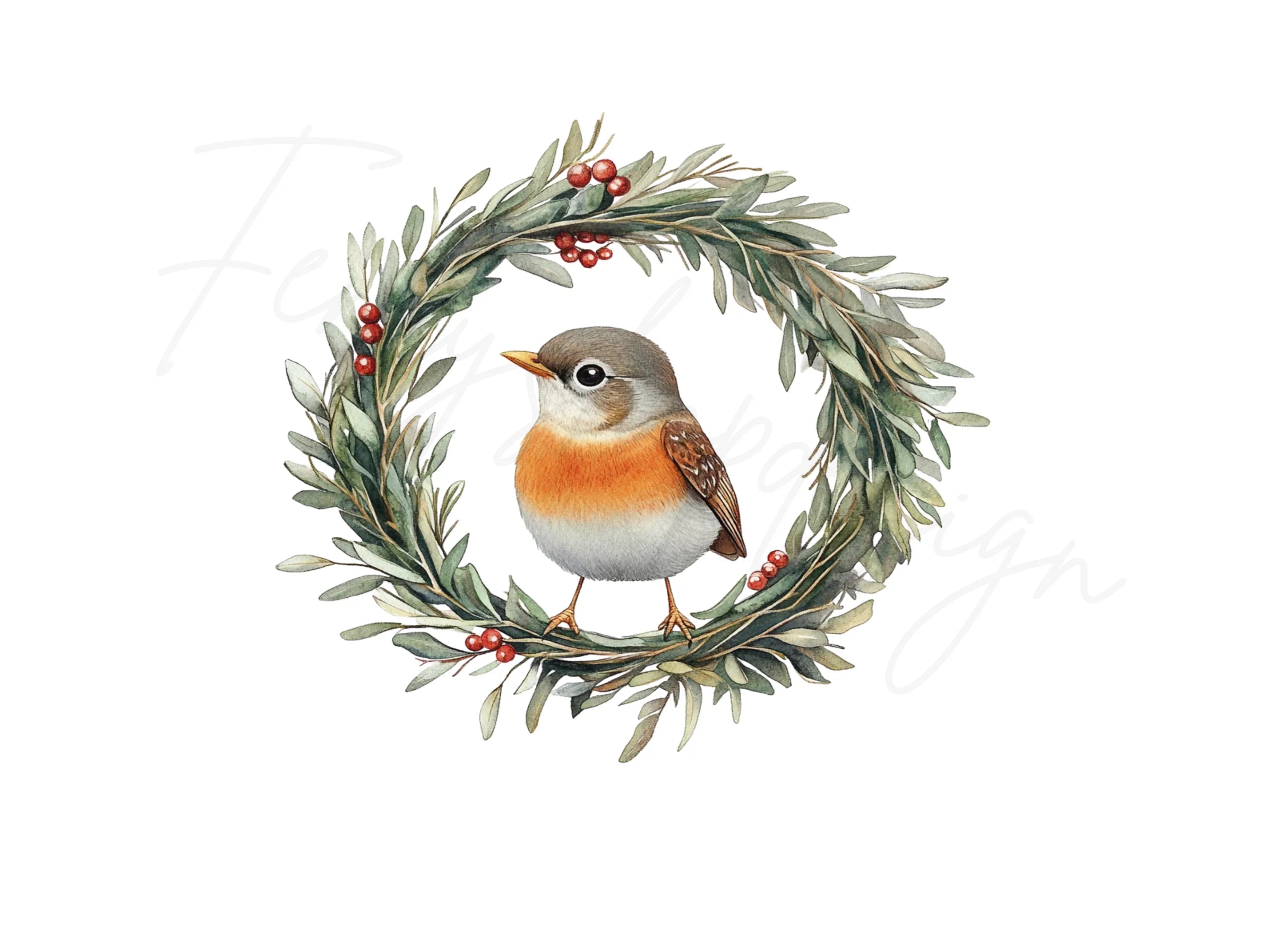 Winter Bird in Olive Wreath Clipart Bundle