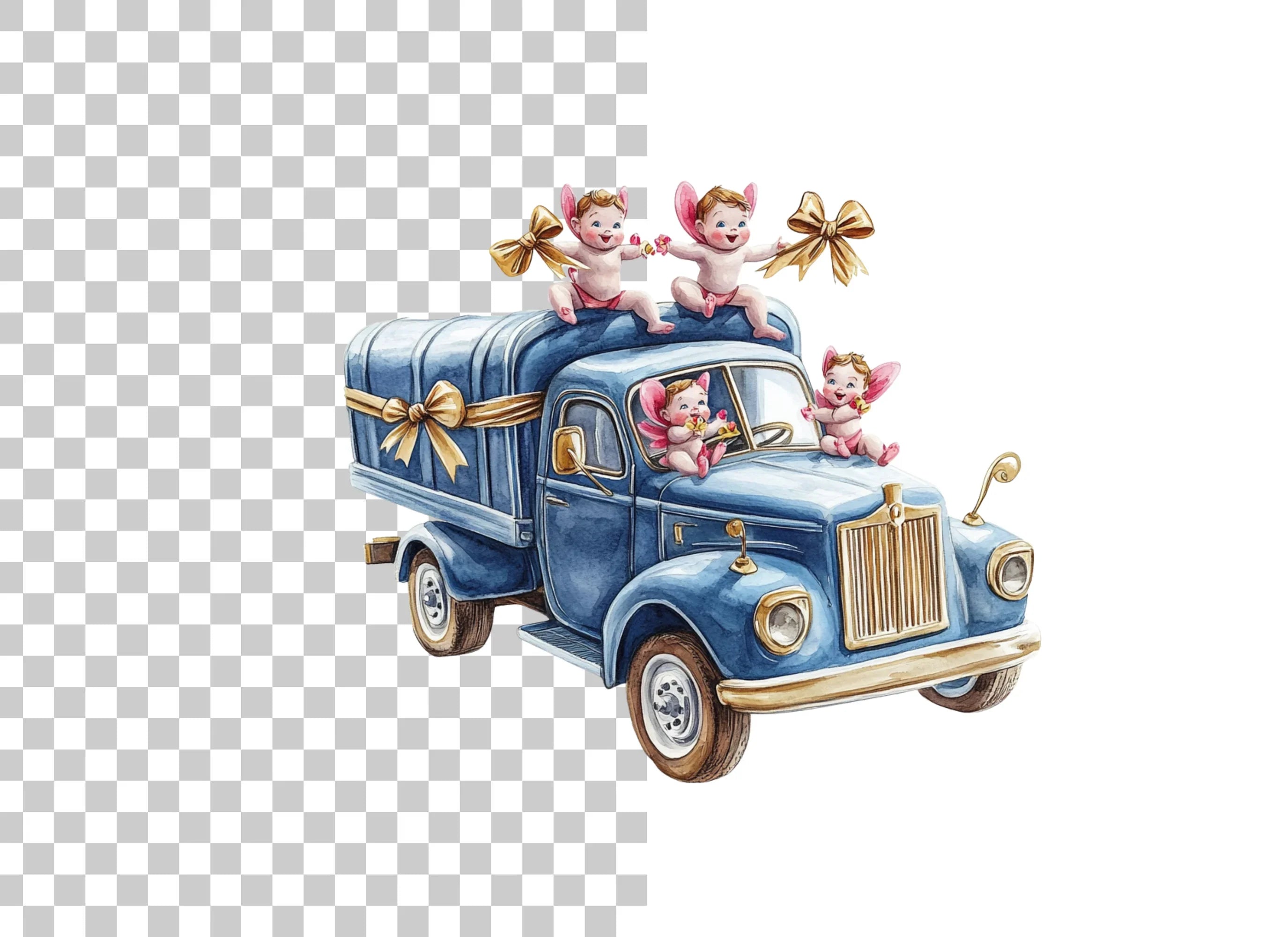 Cute Cherubs on Blue Trucks Clipart Bundle
