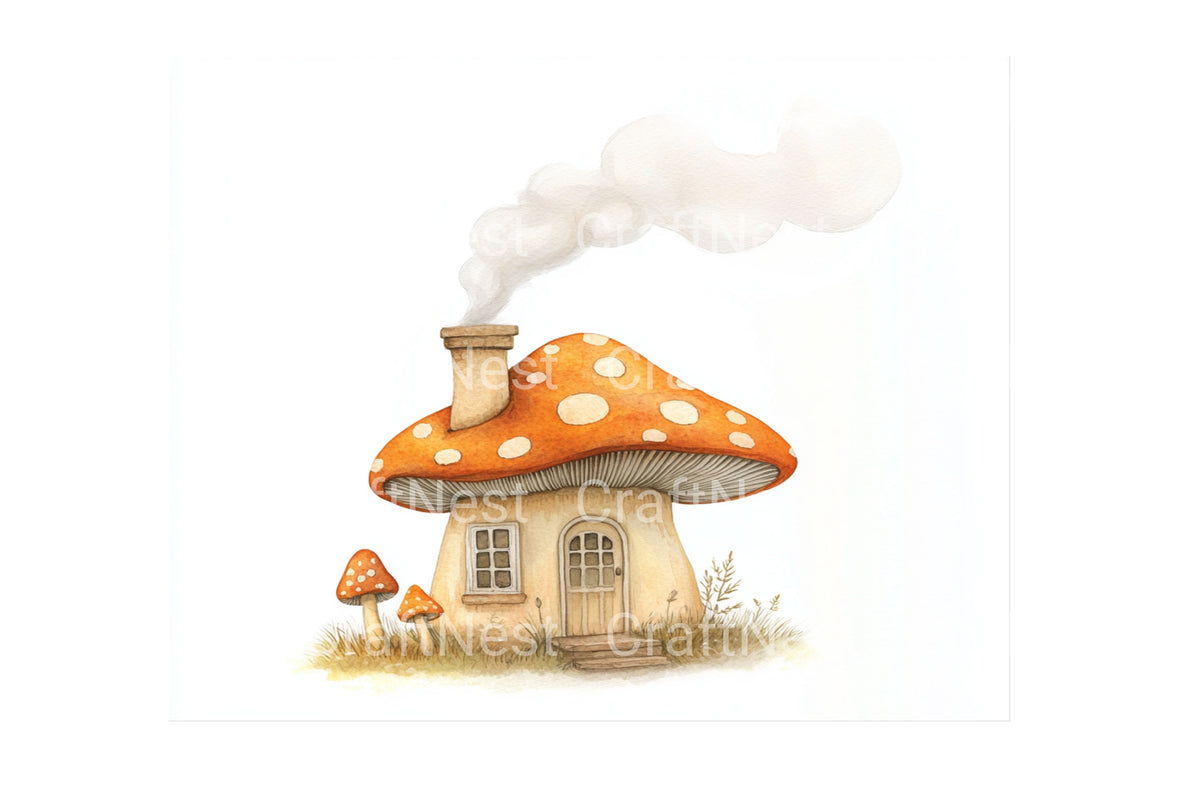 Whimsical Mushroom House With Smoke Designs Clipart Bundle