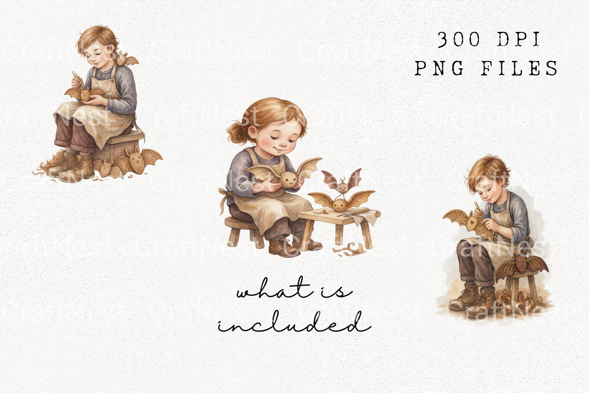 Child Carving Bats With Cat Clipart Bundle