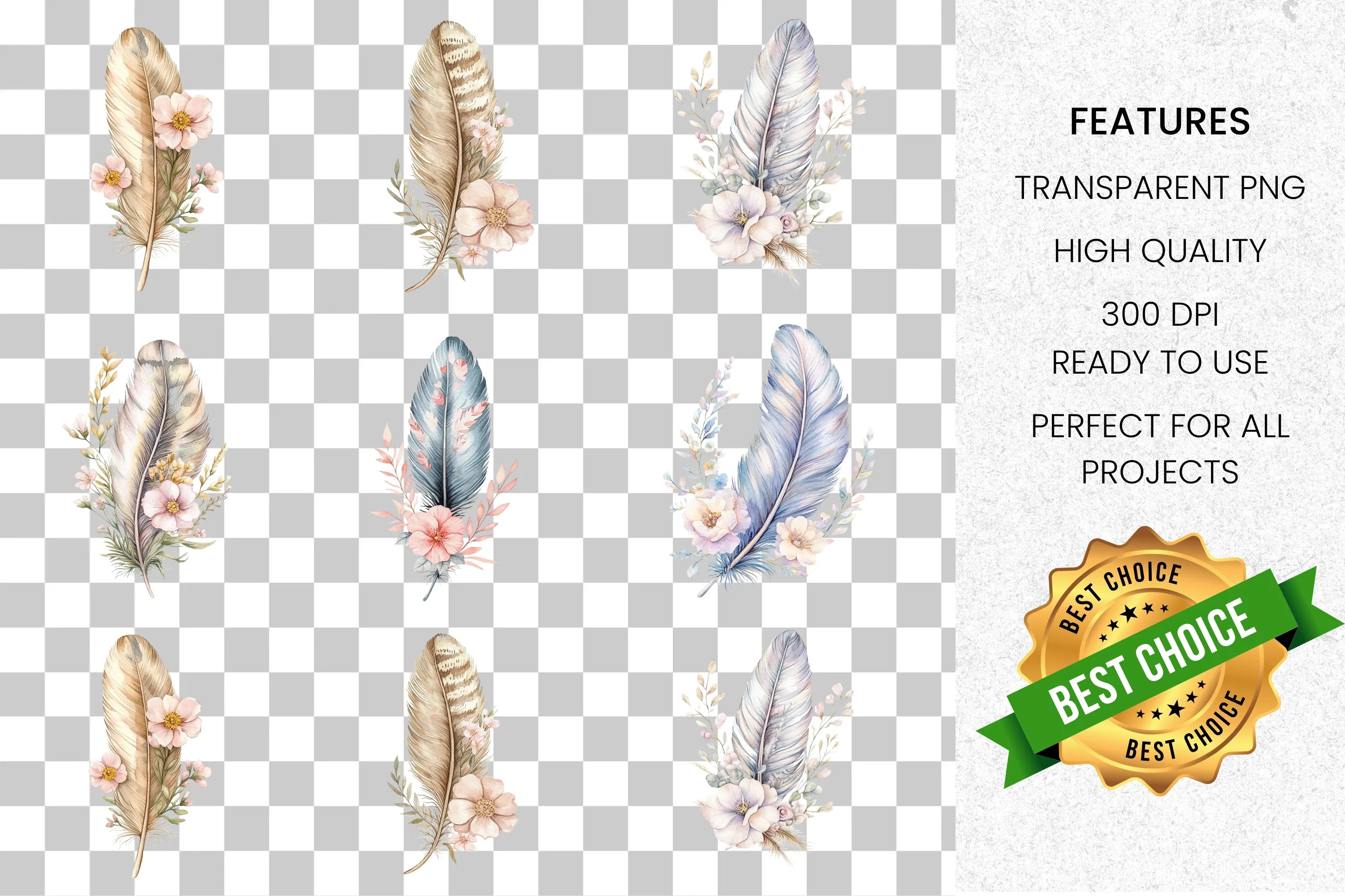 Feather and Flowers Clipart Bundle