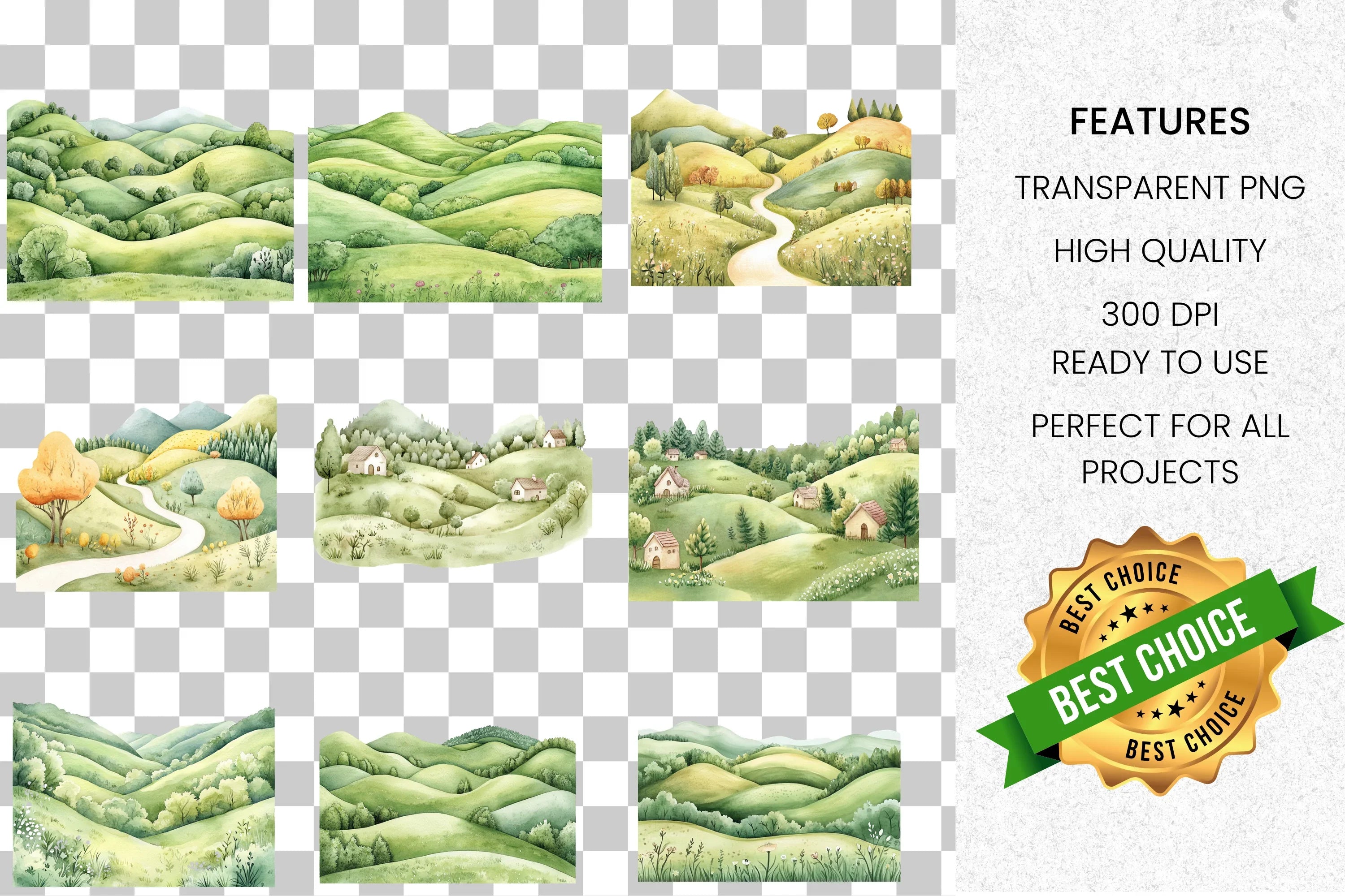 Green Hills Landscape Clipart Bundle