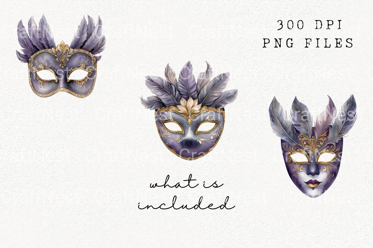 Purple Masquerade Mask Clipart Bundle