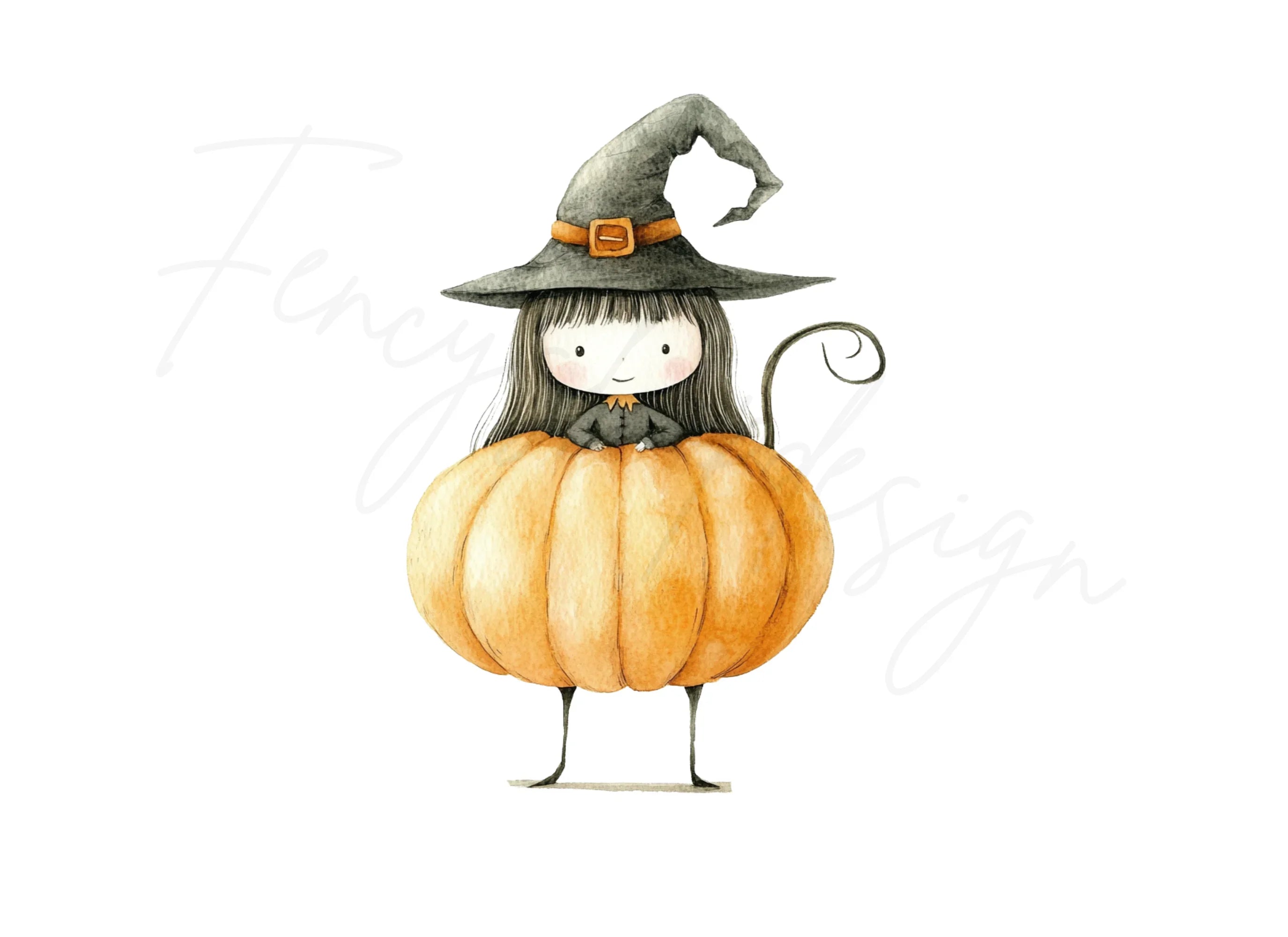 Cute Witch Girl in Pumpkin Clipart Bundle