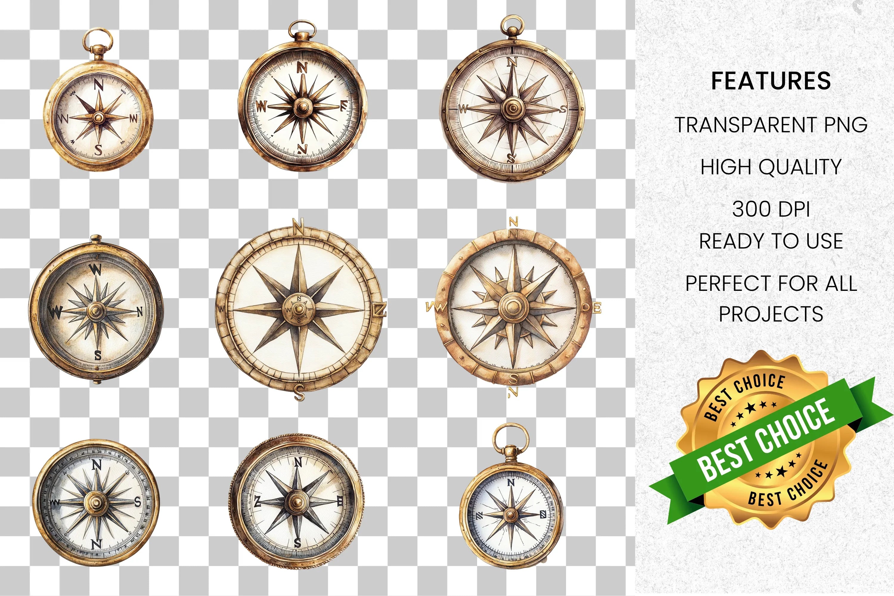 Antique Compass Clipart Bundle for Projects