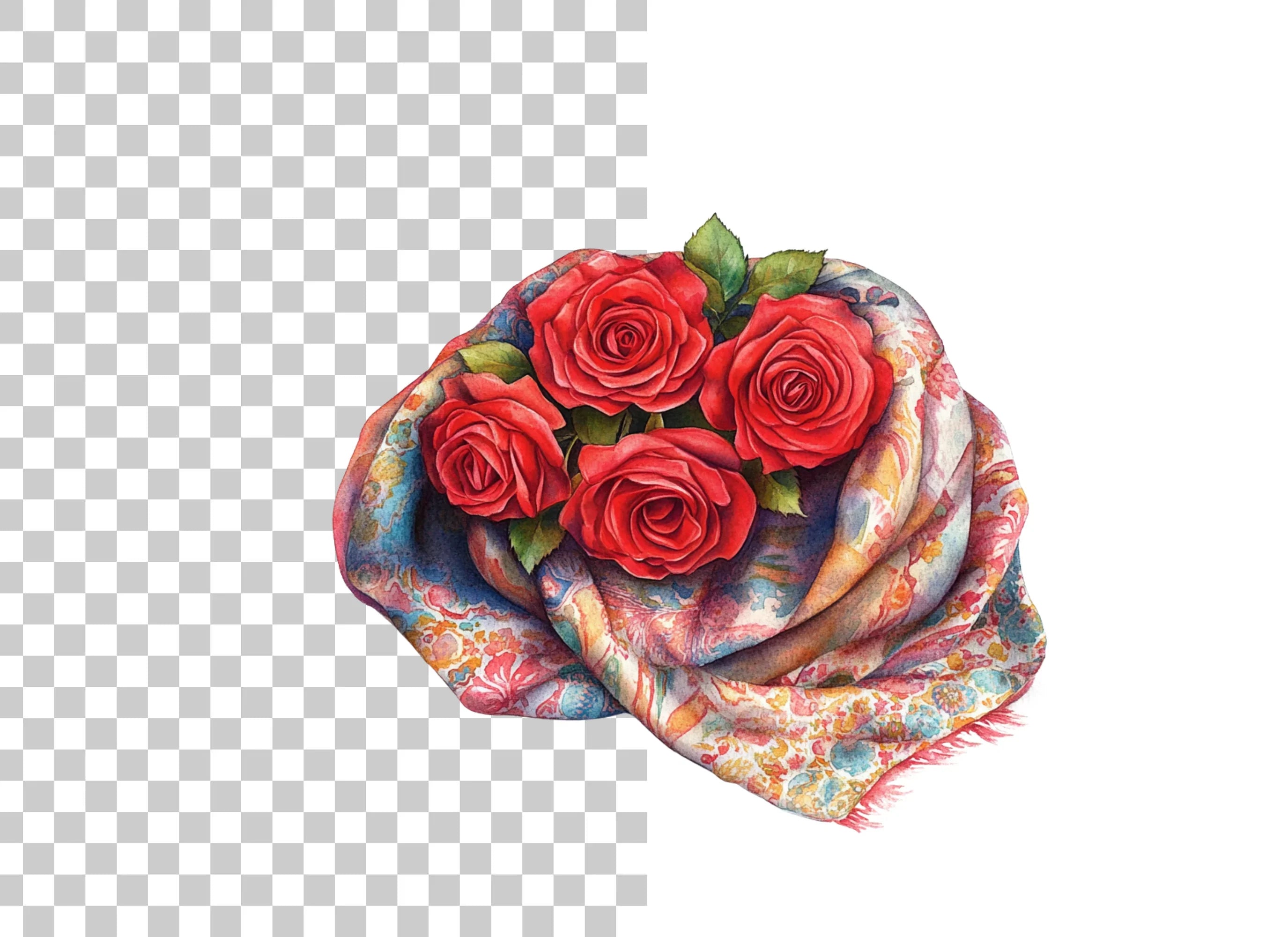 Red Roses in Decorative Scarves Clipart Bundle