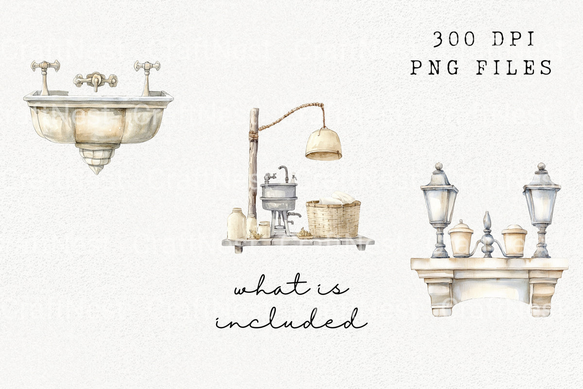 Vintage Bathroom Street Decor Clipart Bundle