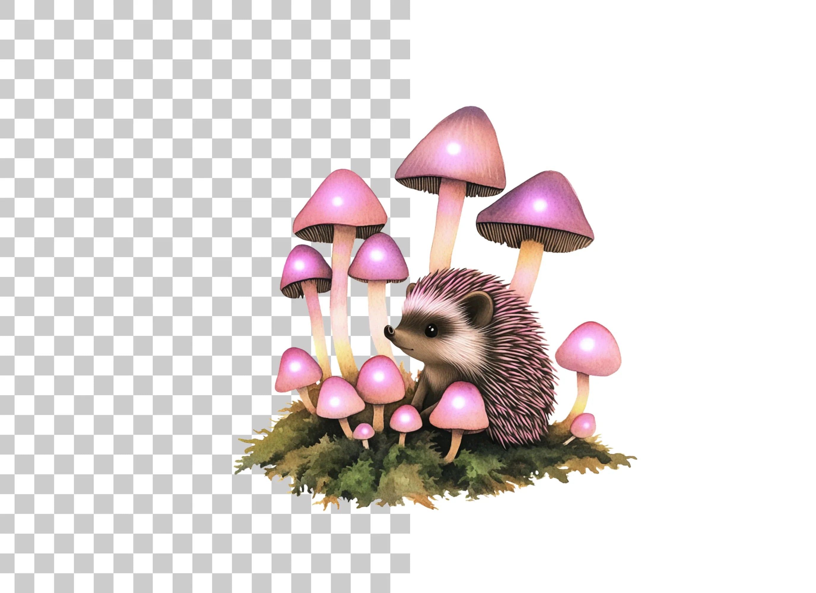 Fantasy Hedgehogs with Pink Mushrooms Clipart Bundle