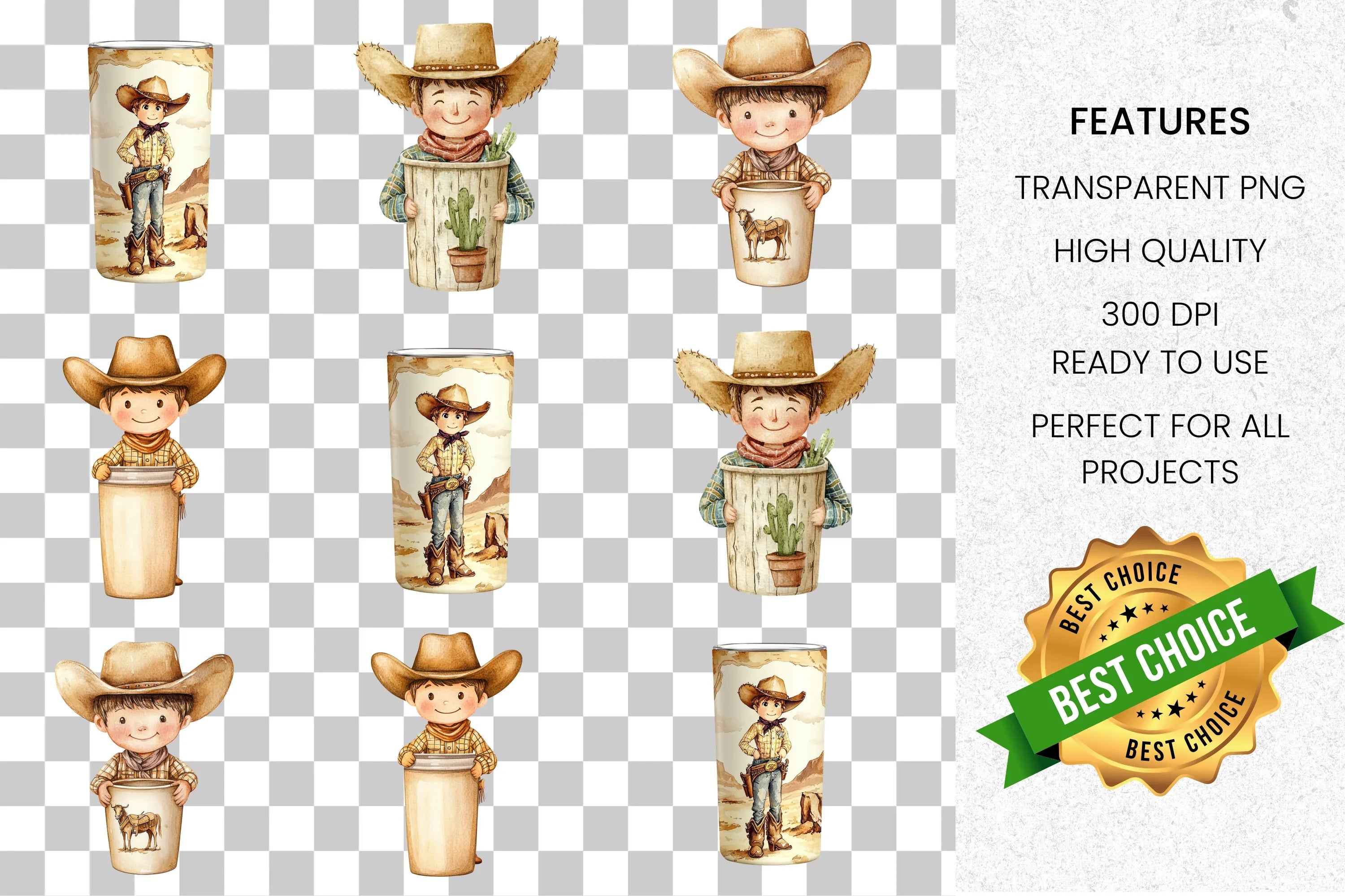 Cute Cowboy Tumbler Clipart Bundle