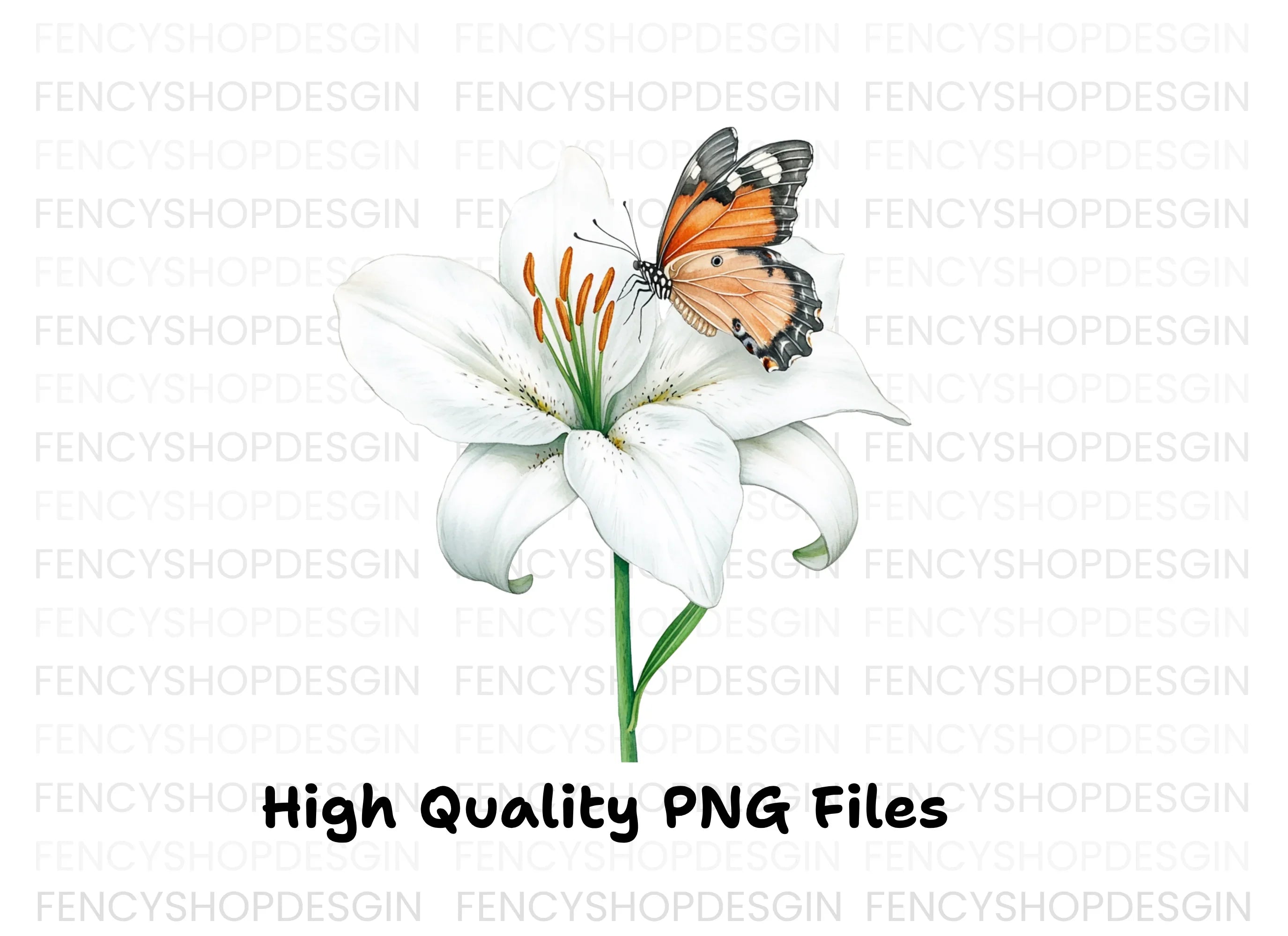 White Lily and Butterfly Clipart Bundle