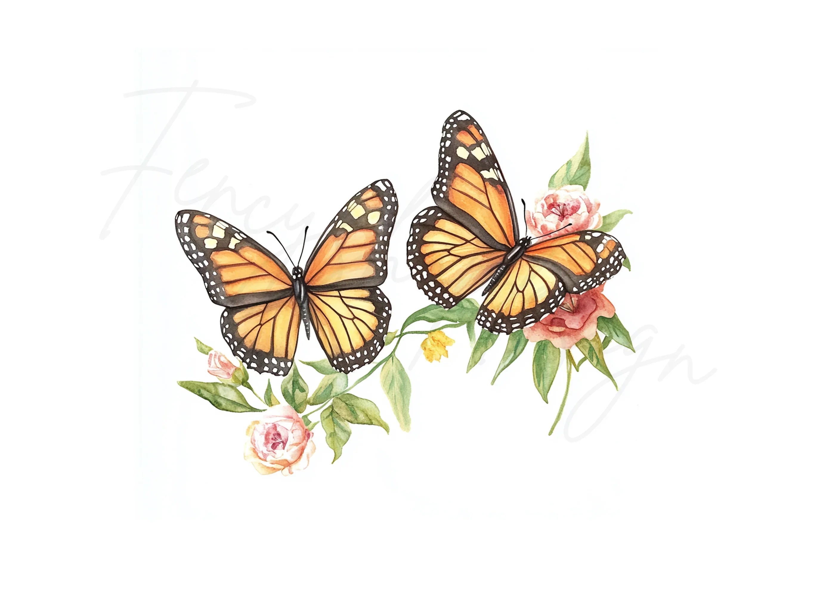 Monarch Butterflies and Pink Flowers Clipart Bundle