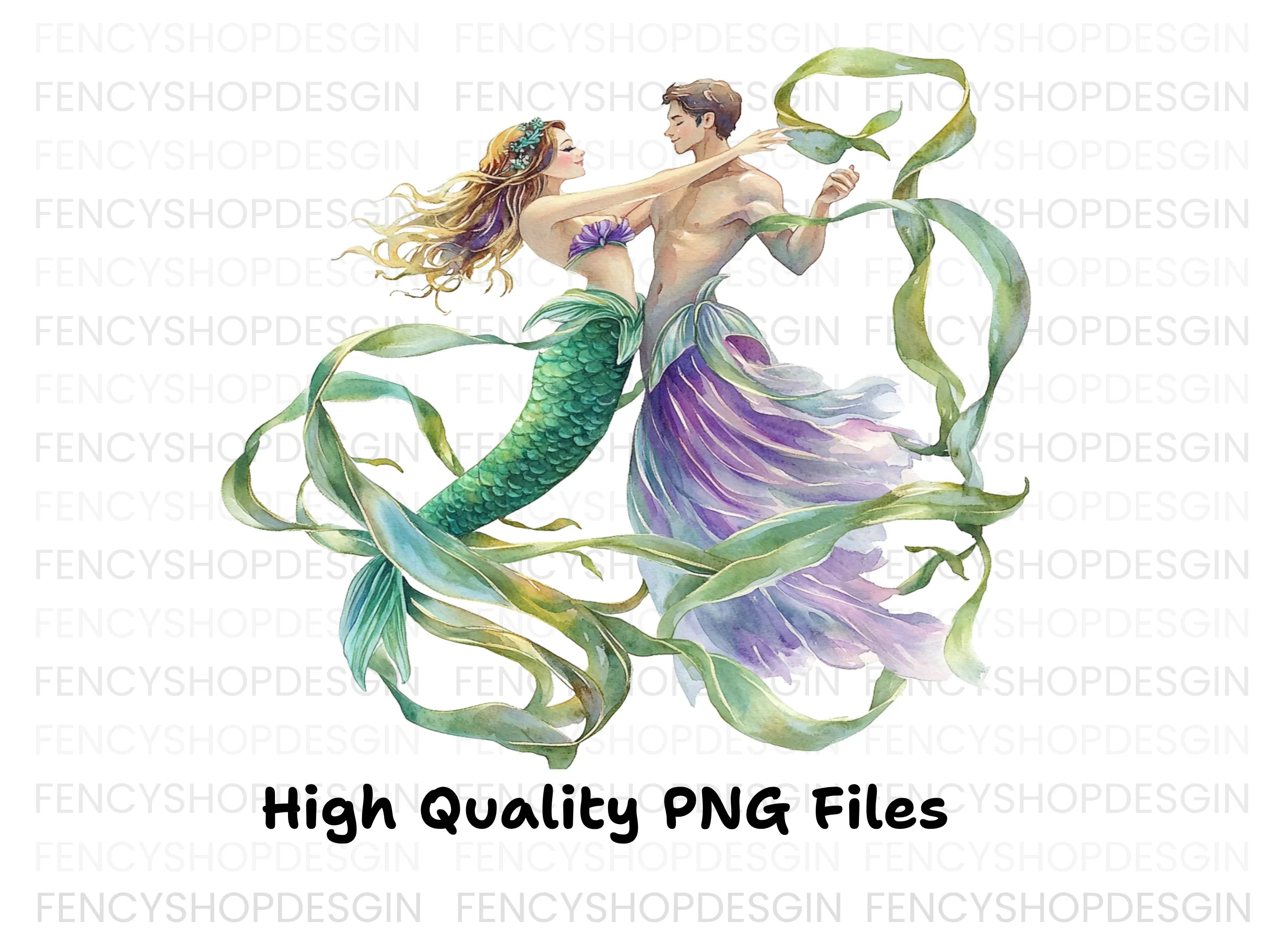 Romantic Mermaid and Merman Clipart Bundle