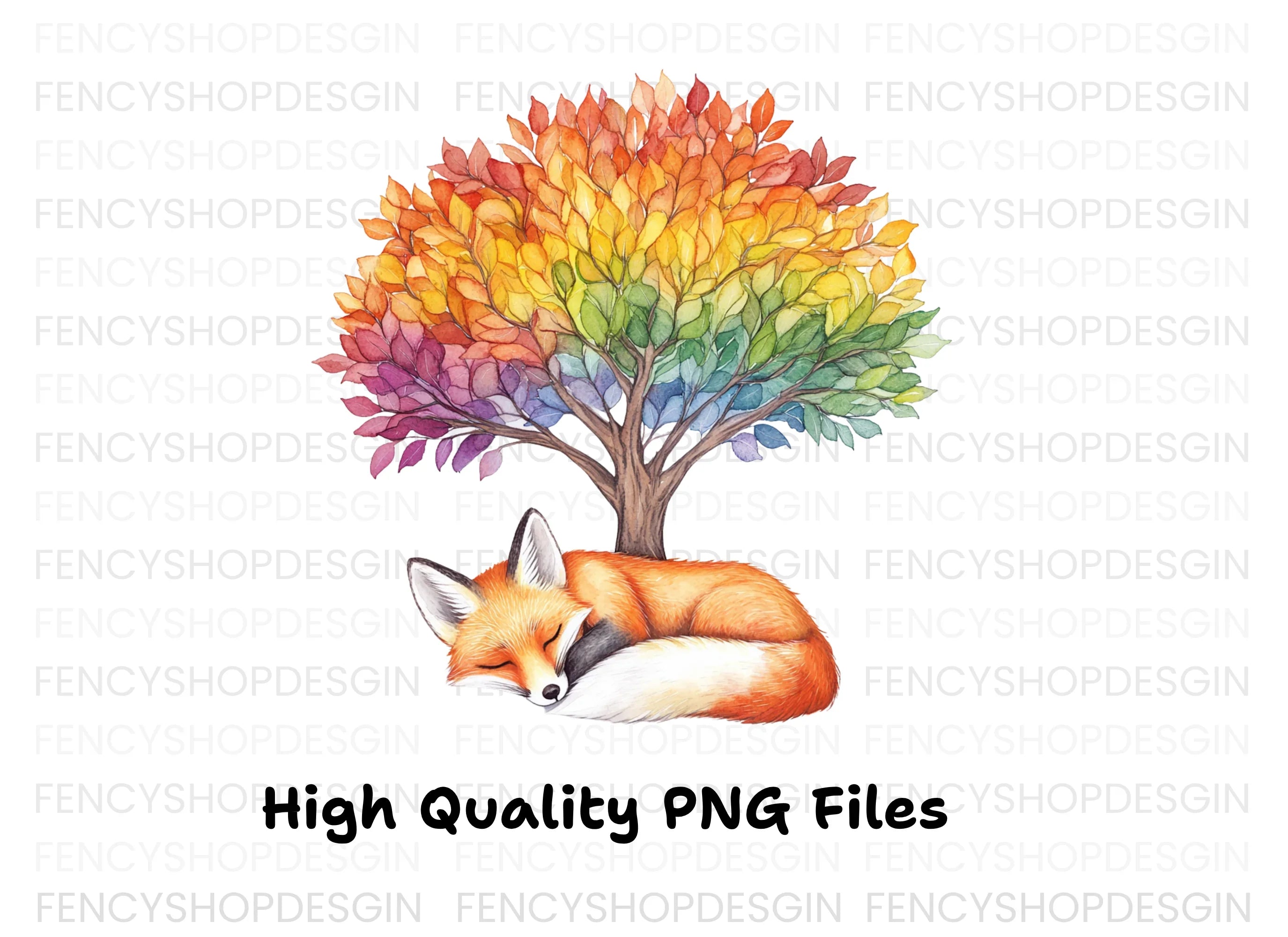 Sleeping Fox Under Rainbow Tree Clipart Bundle