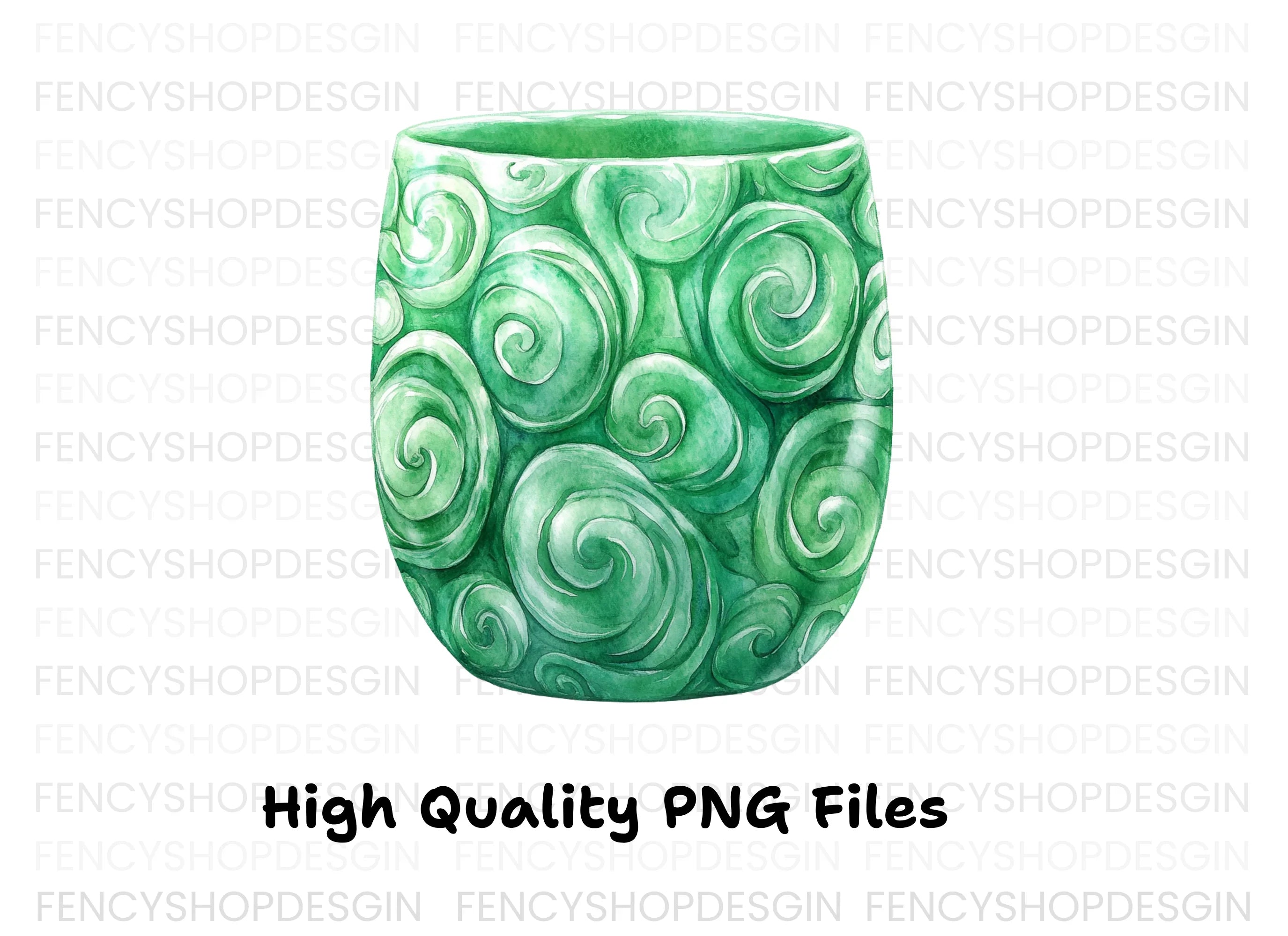 Green Swirl Patterned Jade Cup Clipart Bundle