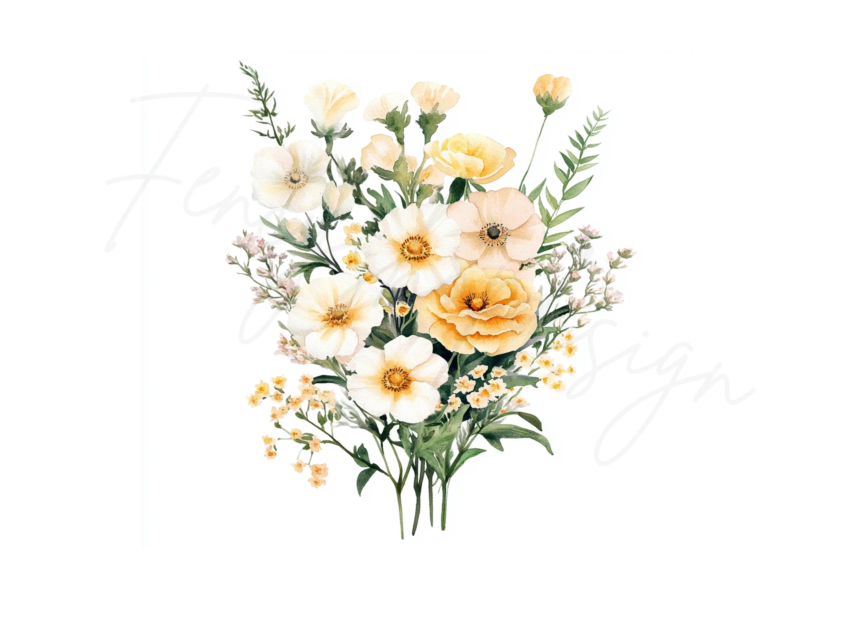 Sunny Yellow and White Floral Bouquets Clipart Bundle