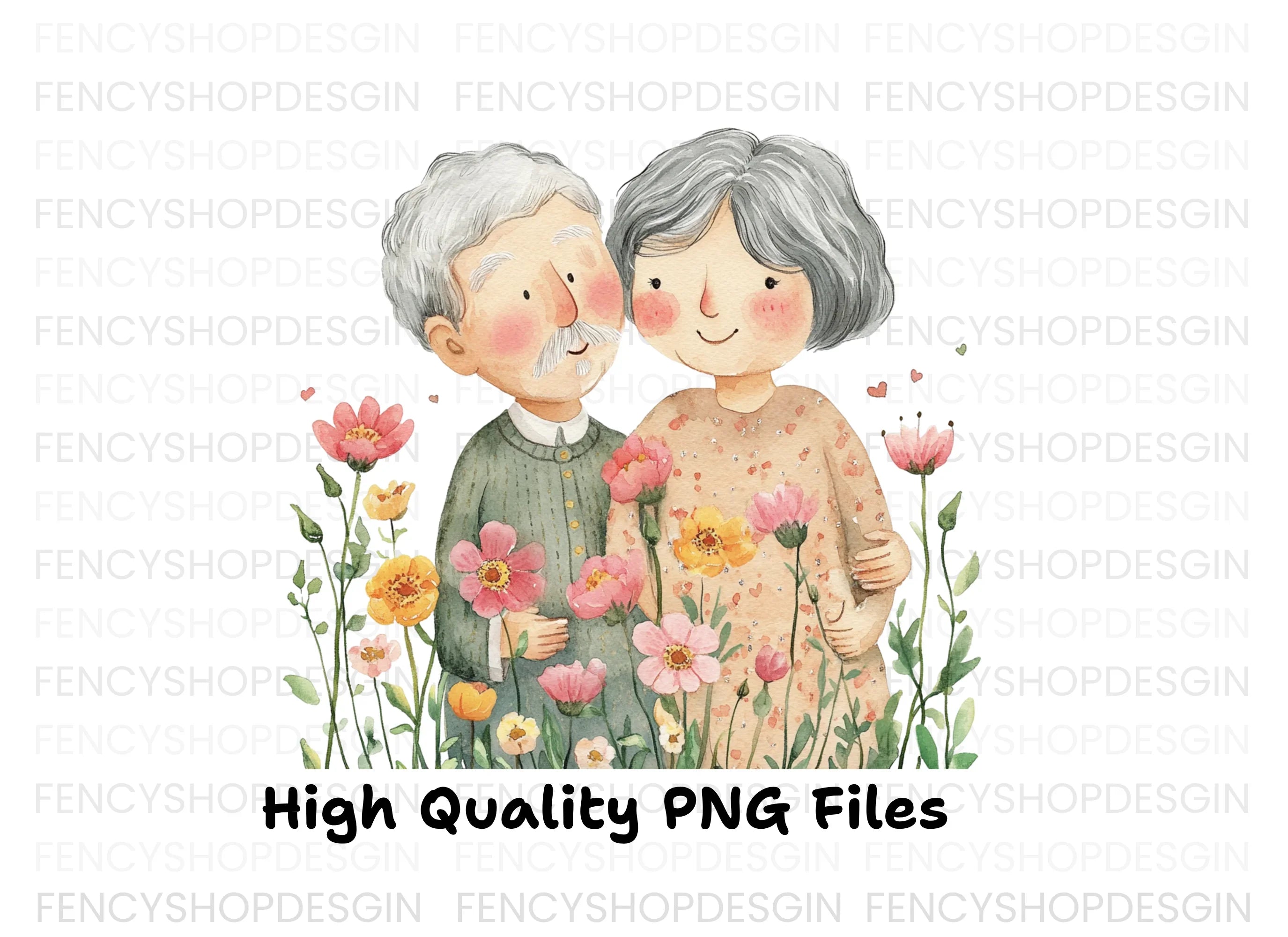 Cute Elderly Couple in Flower Garden Clipart Bundle