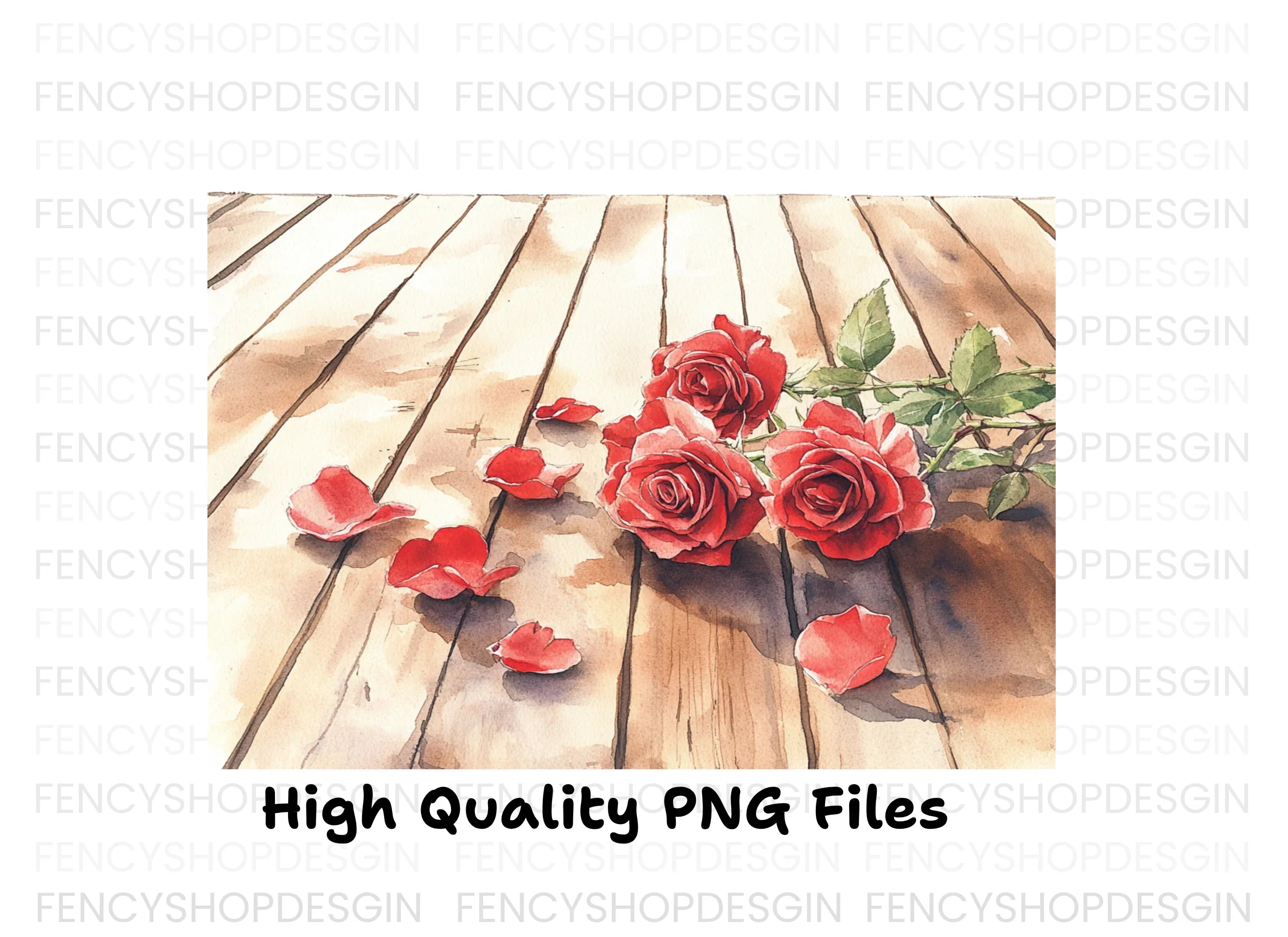 Red Roses and Petals on Wood Clipart Bundle
