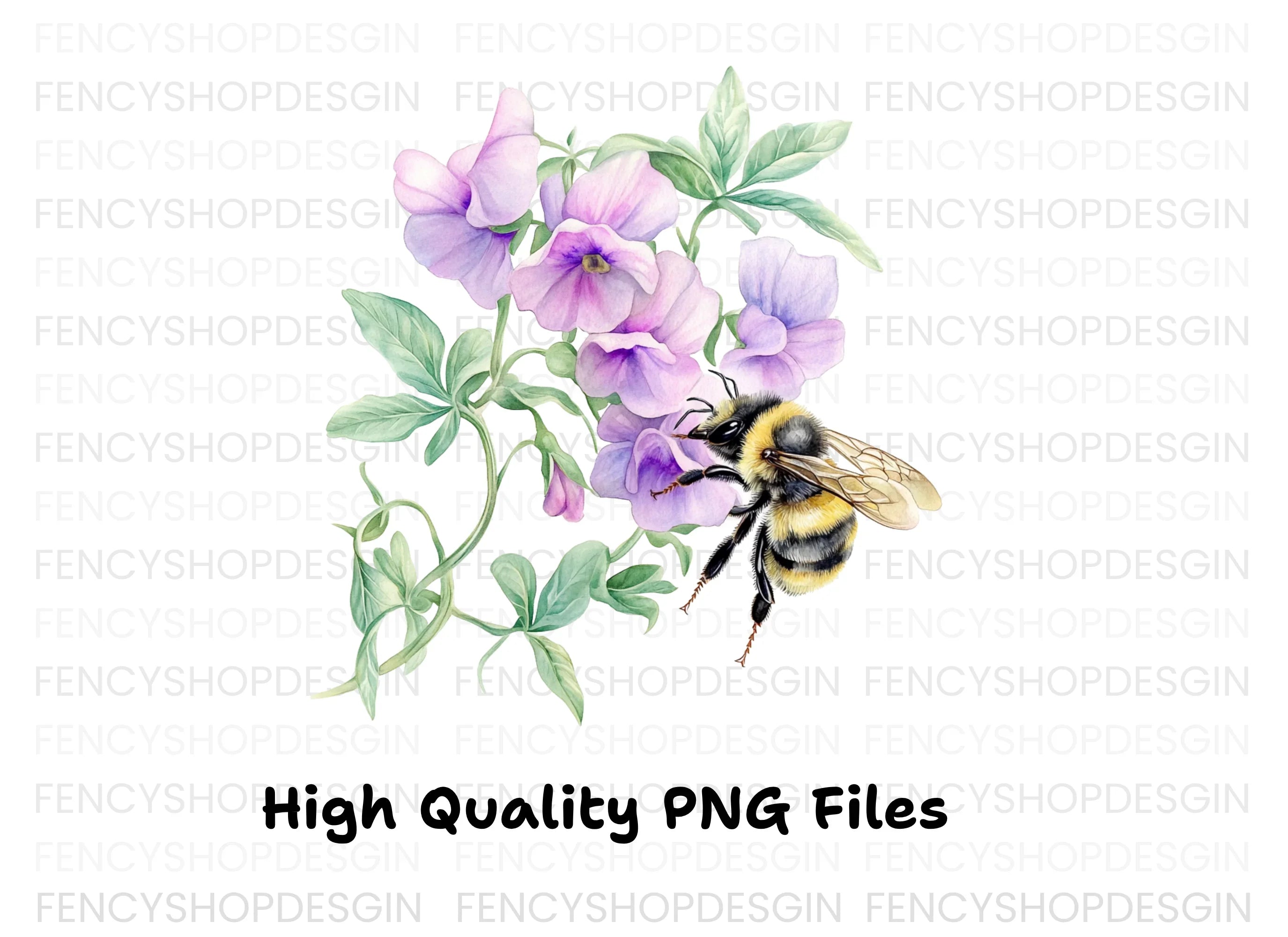 Sweet Pea Flowers with Bumblebees Clipart Bundle