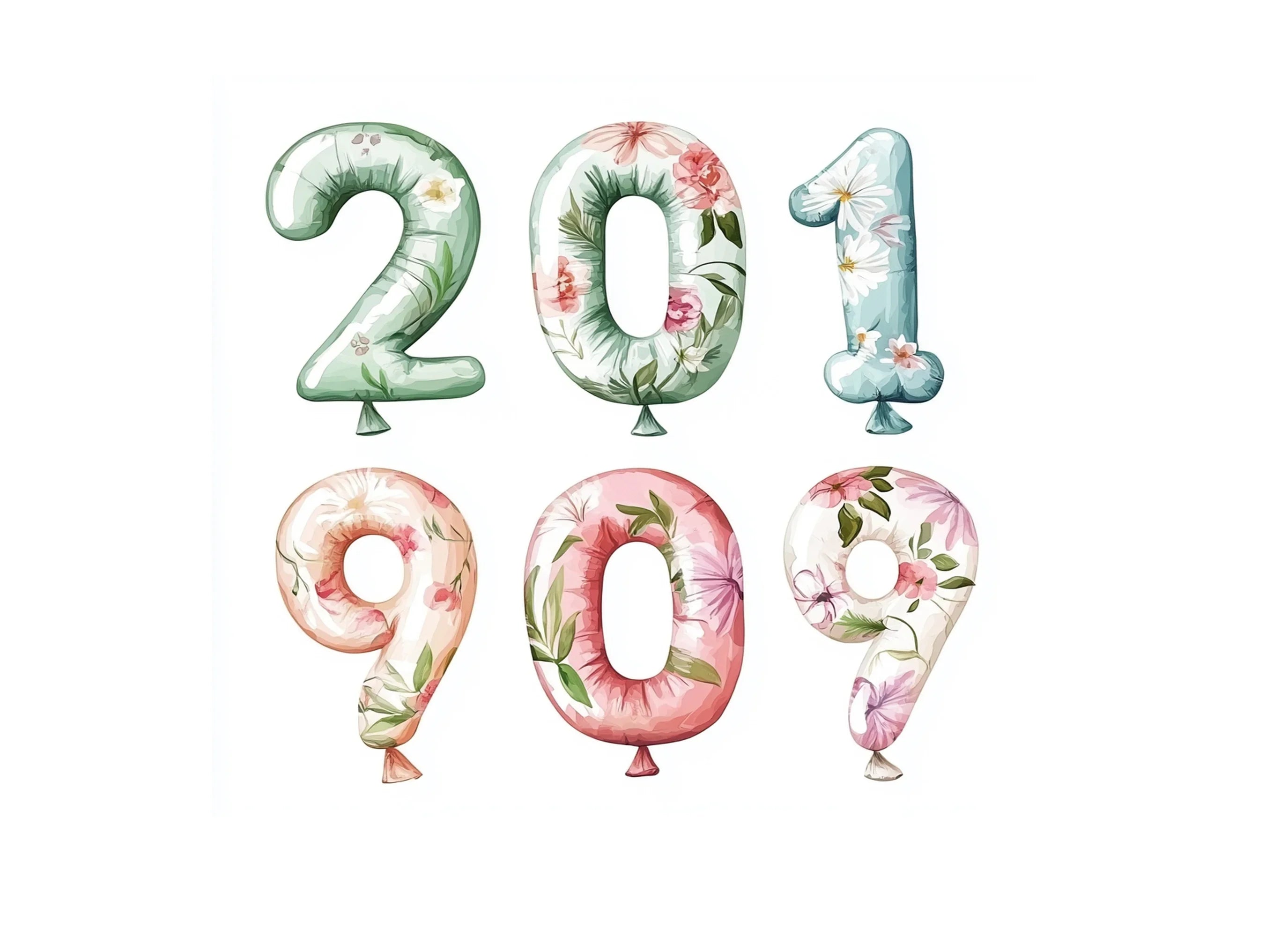 Floral Number Balloons Clipart Bundle