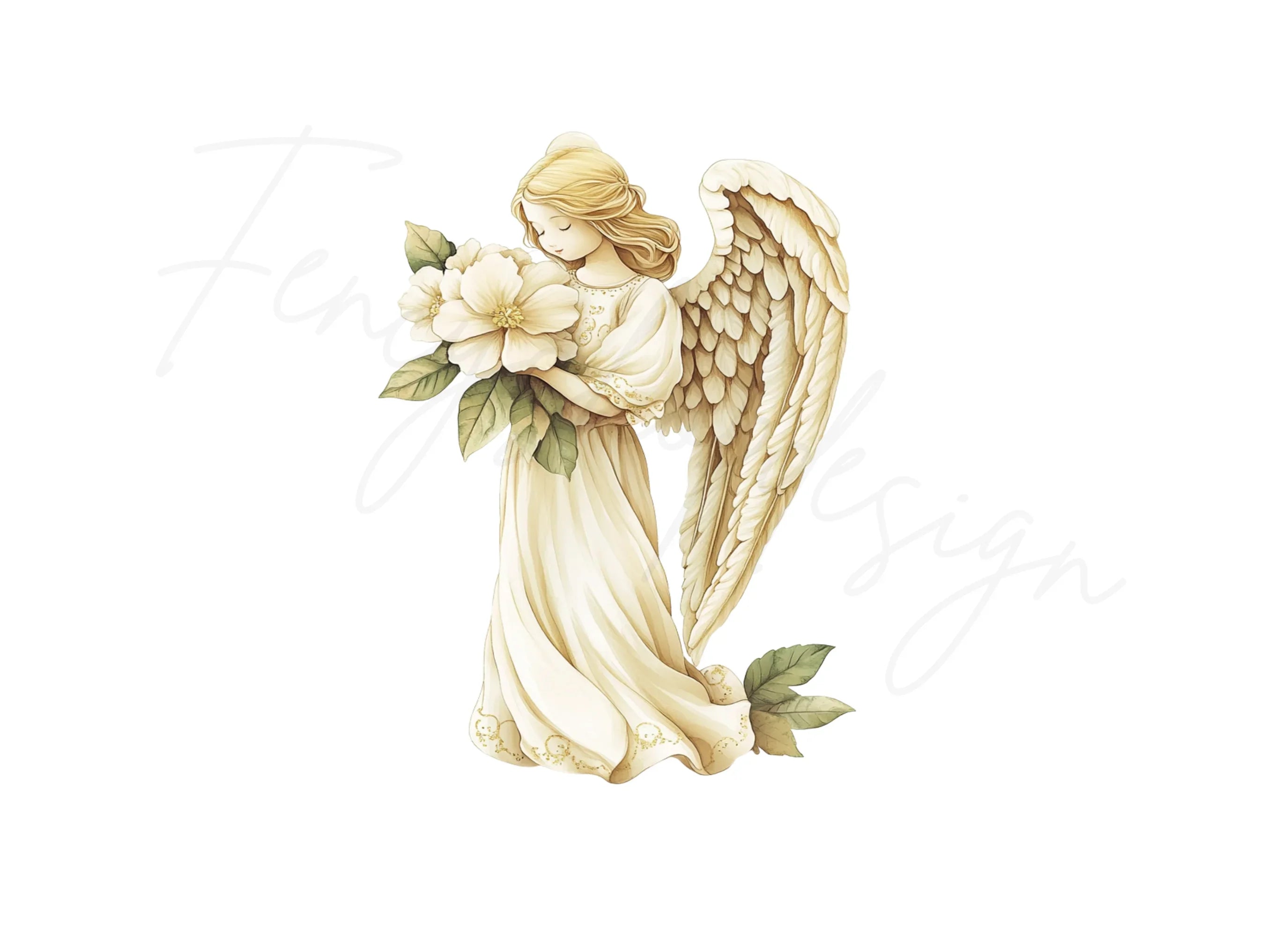 Elegant Angel with White Flowers Clipart Bundle