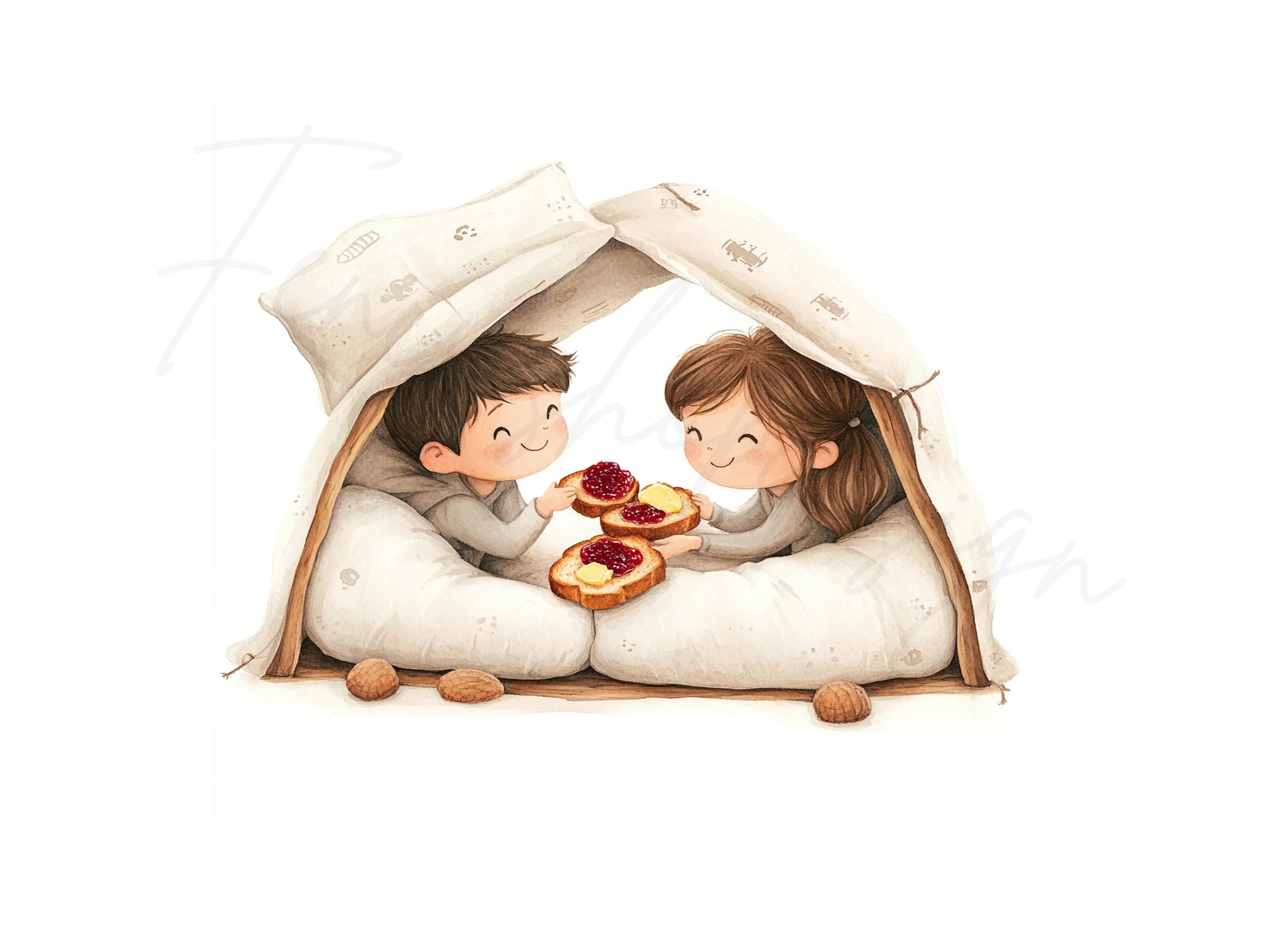 Cute Couple Pillow Fort Breakfast Clipart Bundle