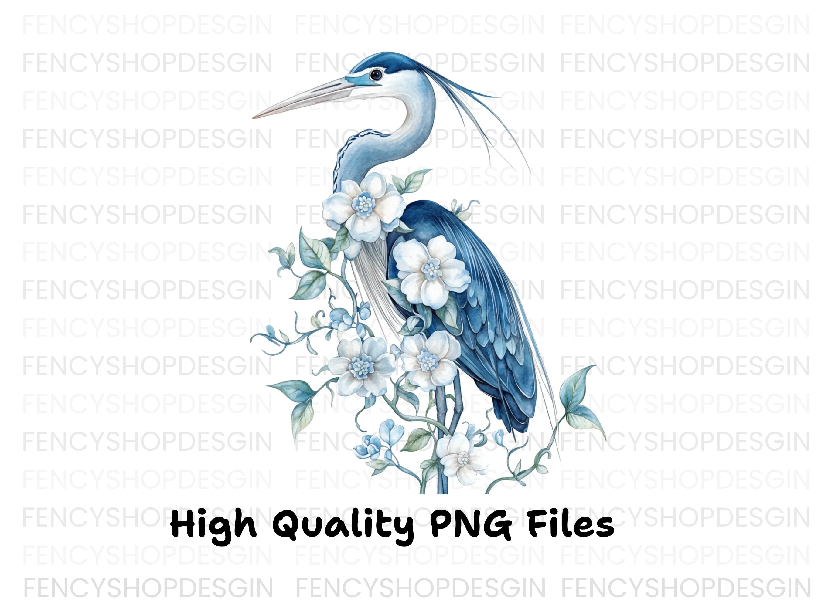 Elegant Blue Heron with White Flowers Clipart Bundle