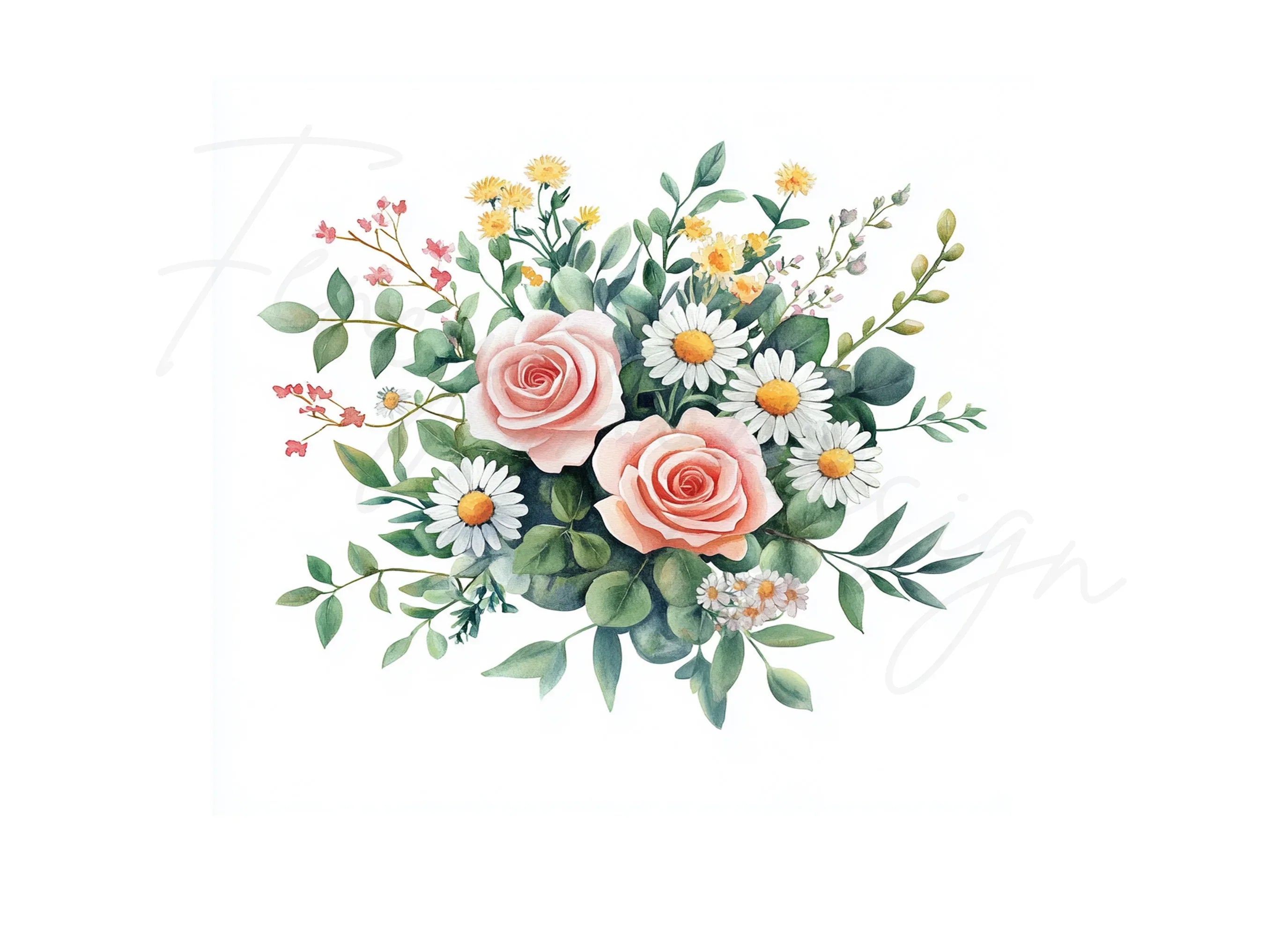 Roses and Daisies Bouquet Clipart Bundle