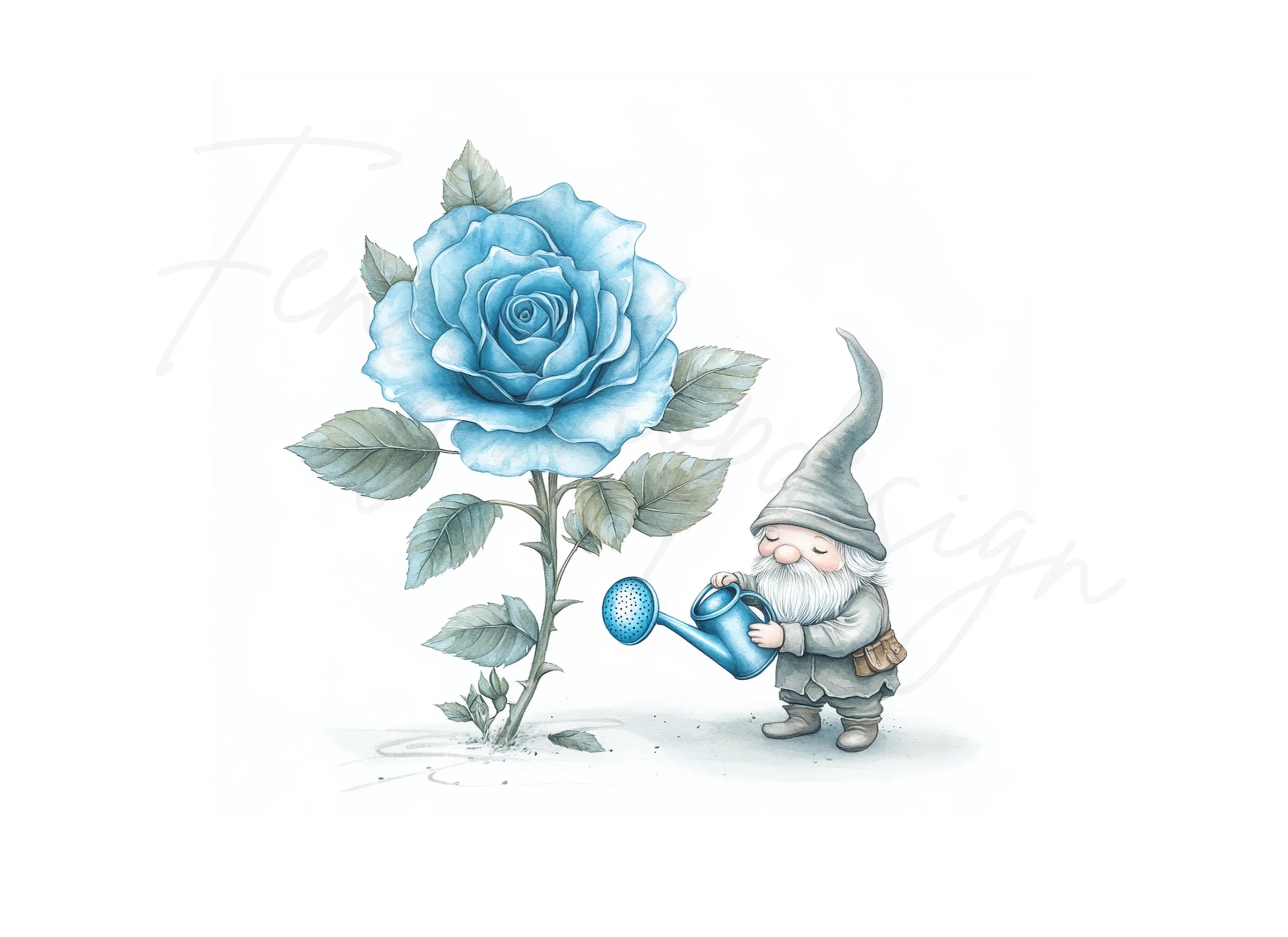 Gnome Watering Blue Rose Clipart Bundle