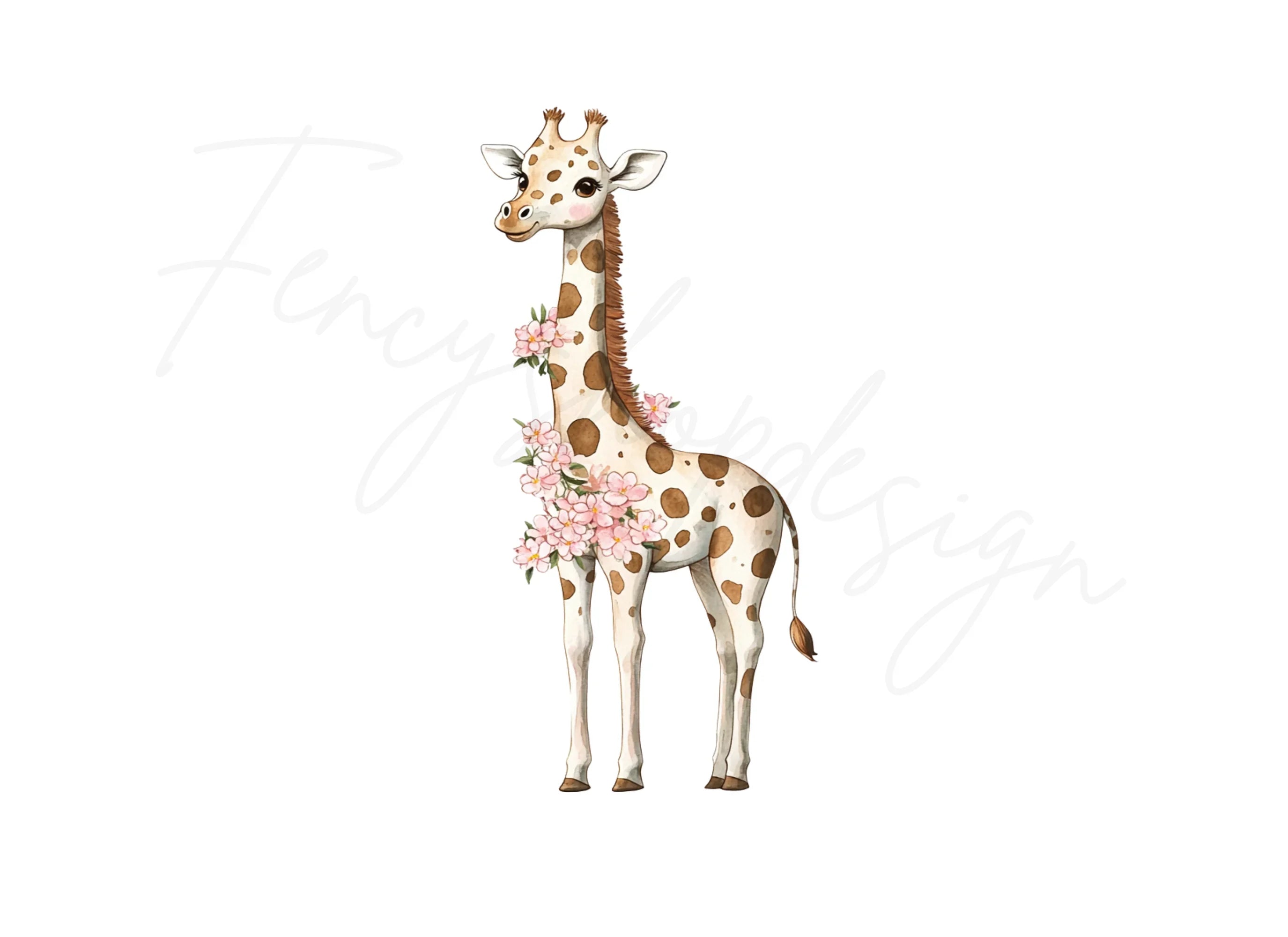 Cute Giraffe with Pink Flowers Clipart Bundle