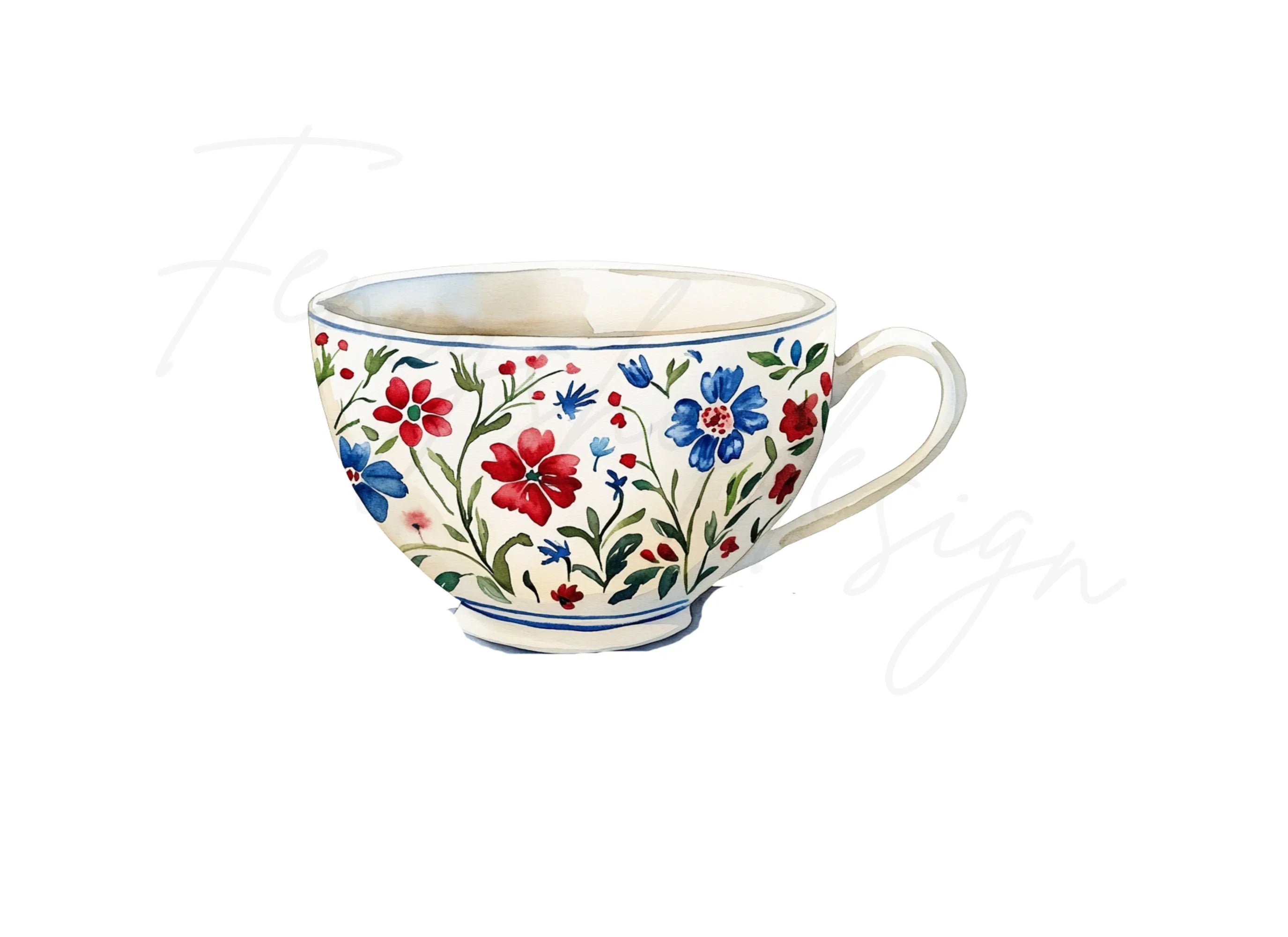 Vibrant Folk Floral Tea Cups Clipart Bundle