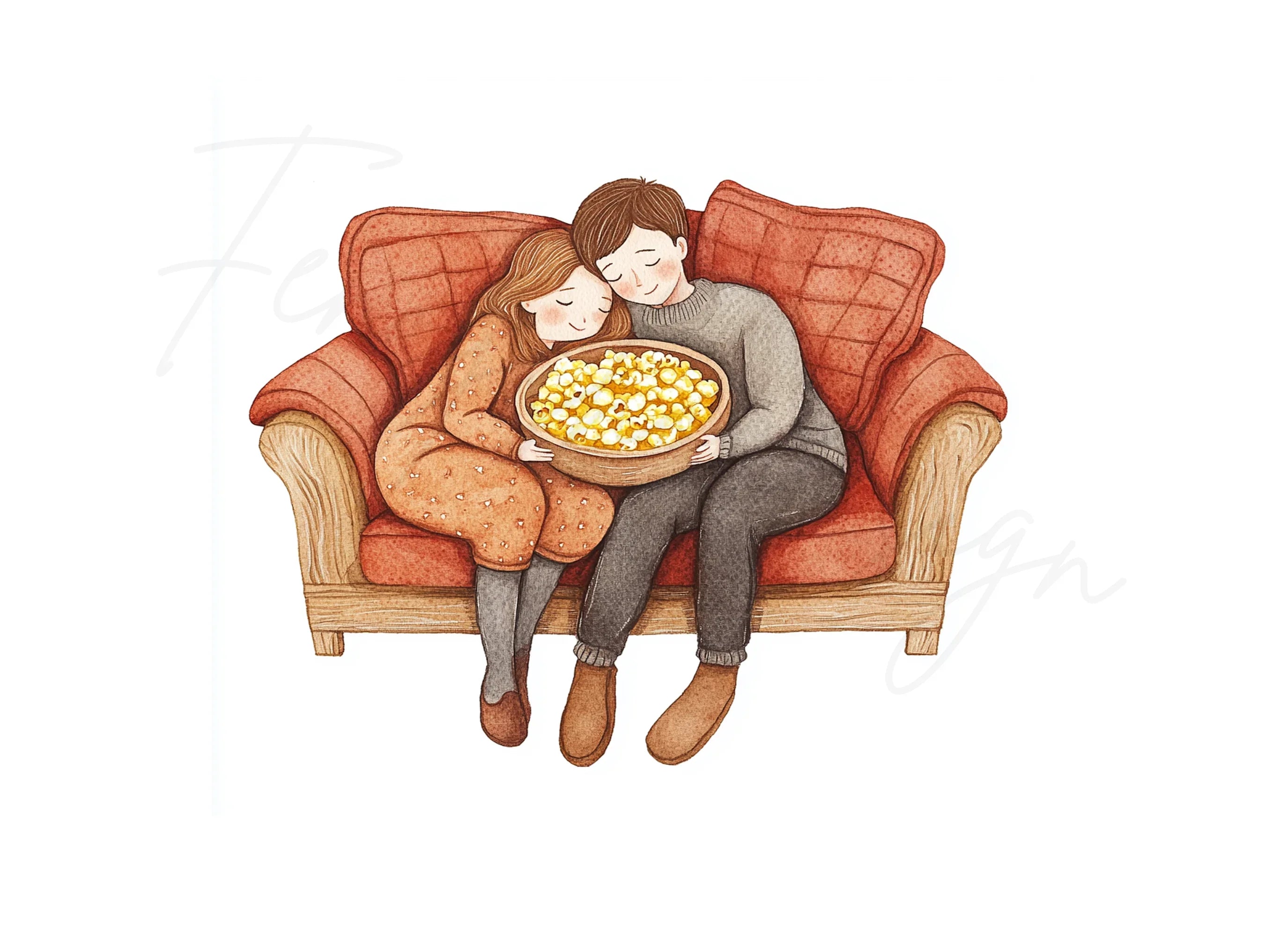 Cozy Couple Popcorn Movie Night Clipart Bundle