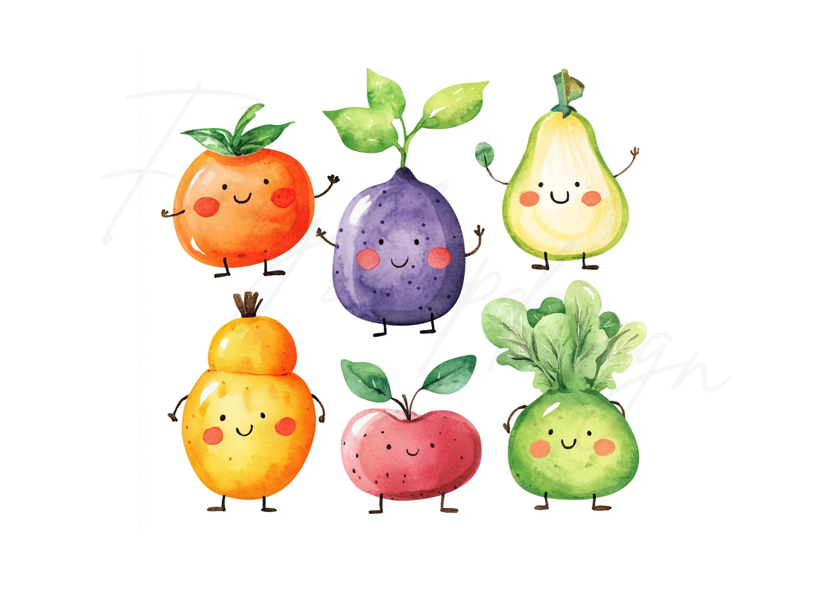 Cute Kawaii Fruits and Vegetables Clipart Bundle