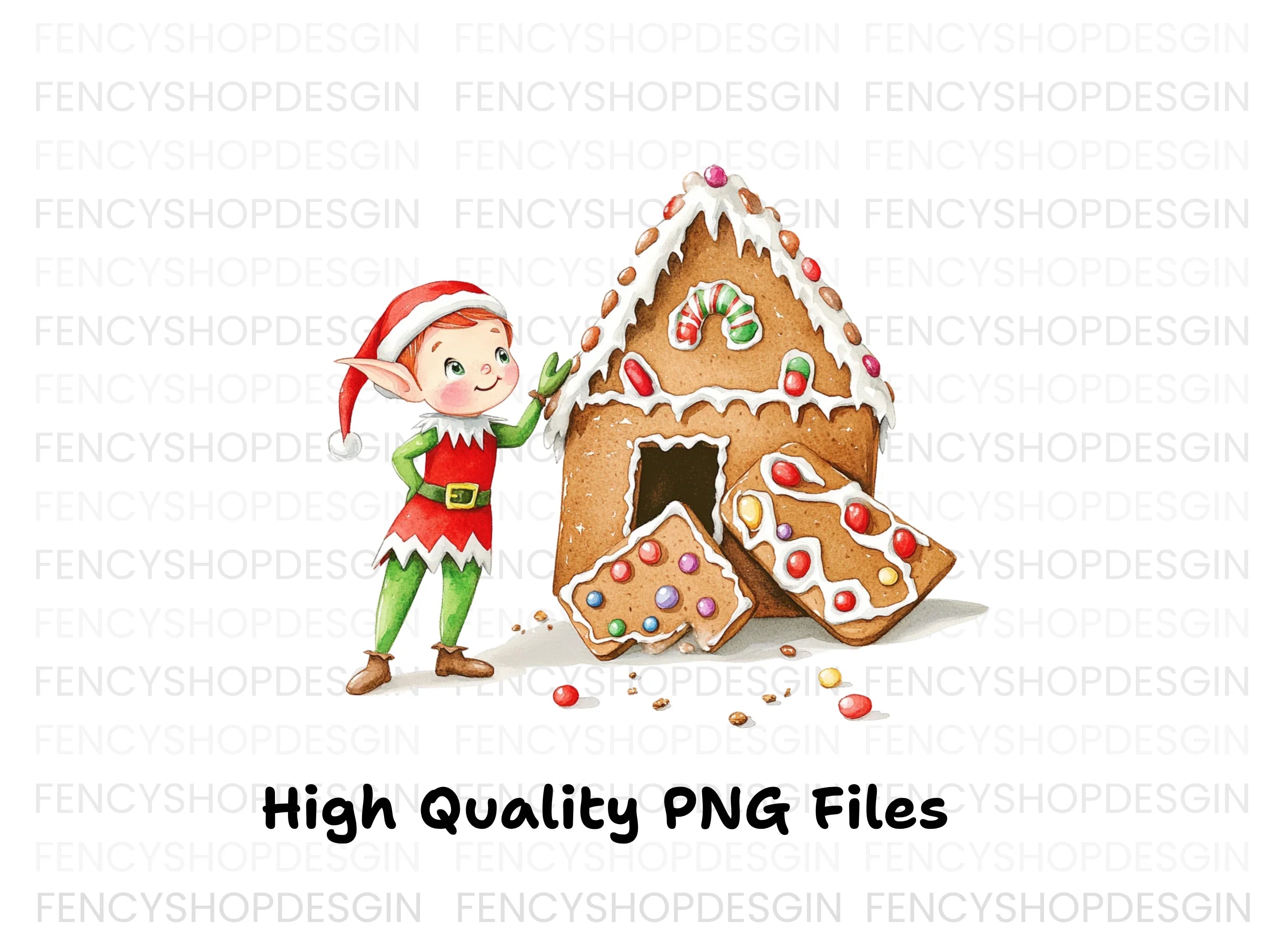 Cute Elf with Gingerbread House Clipart Bundle